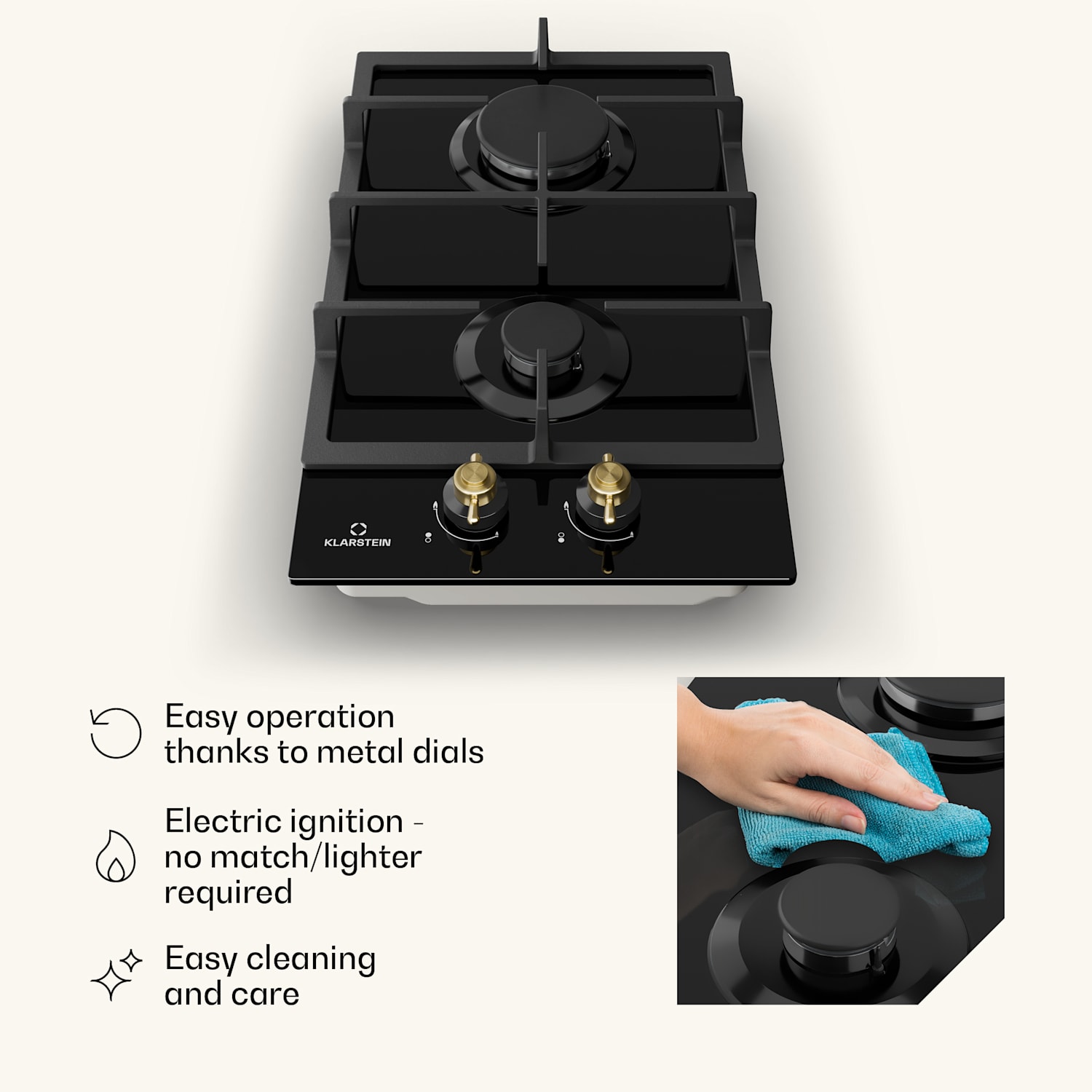 Fogão a gás Victoria Domino 2 chamas, queimador Sabaf vitrocerâmica aspeto retro  30 cm | Vidro | Preto