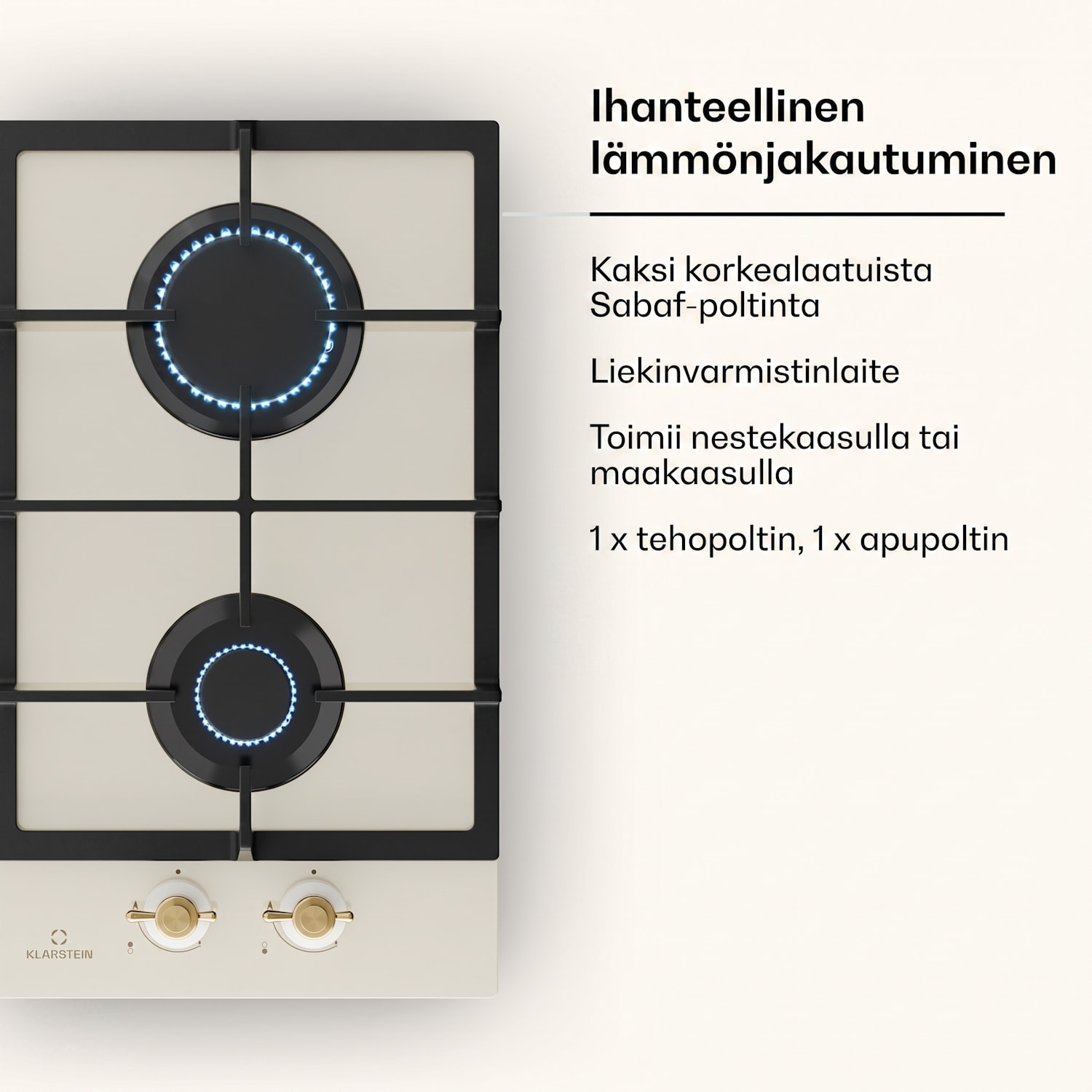 Victoria Domino kaasuliesi 2-polttimolla Sabaf-polttimet lasikeramiikka retrotyyli 30 cm | Lasi | Kerma