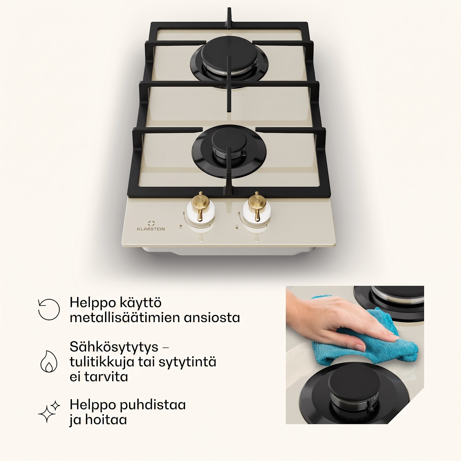 Victoria Domino kaasuliesi 2-polttimolla Sabaf-polttimet lasikeramiikka retrotyyli 30 cm | Lasi | Kerma