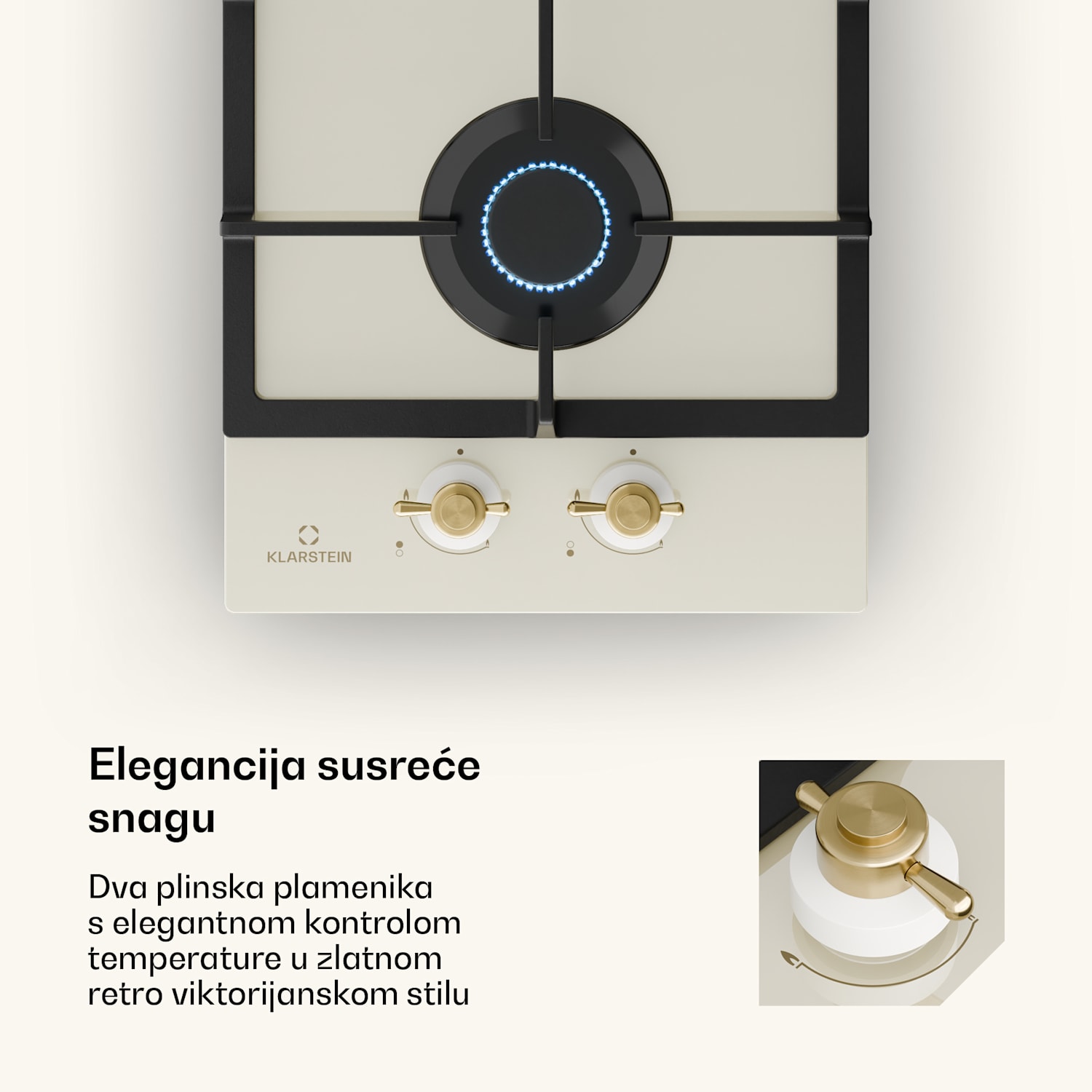 Victoria Domino, plinska ploča za kuhanje, 2 Sabaf plamenika, staklokeramička ploča, retro dizajn 30 cm | Staklo | Krem