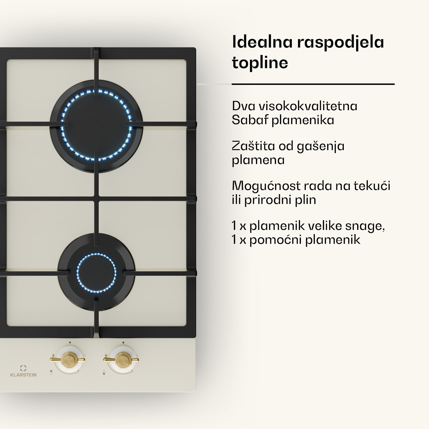 Victoria Domino, plinska ploča za kuhanje, 2 Sabaf plamenika, staklokeramička ploča, retro dizajn 30 cm | Staklo | Krem