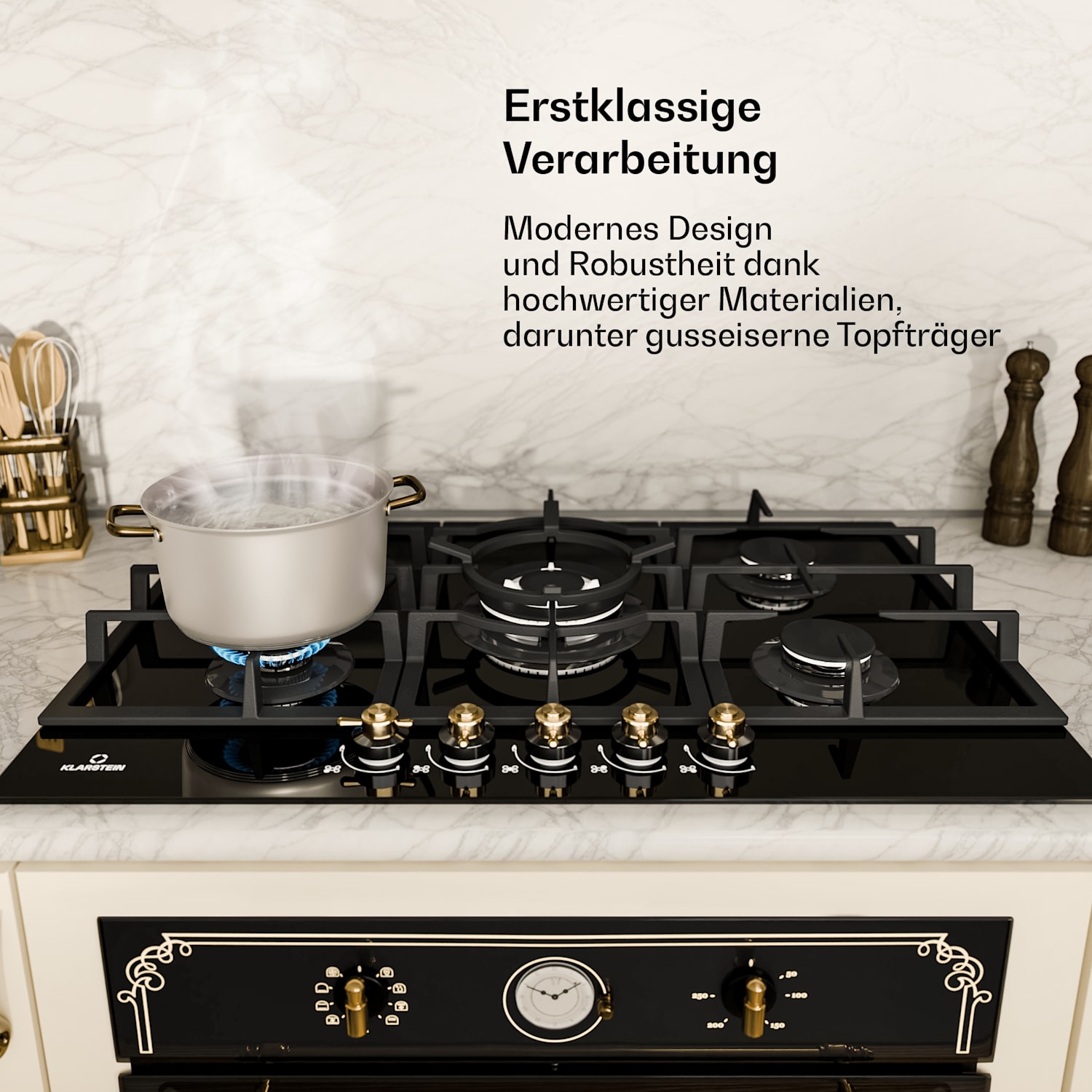 Victoria 5 - Piano cottura a gas, 5 fuochi, bruciatori Sabaf, vetroceramica, look rétro  75 cm | Vetro | Nero