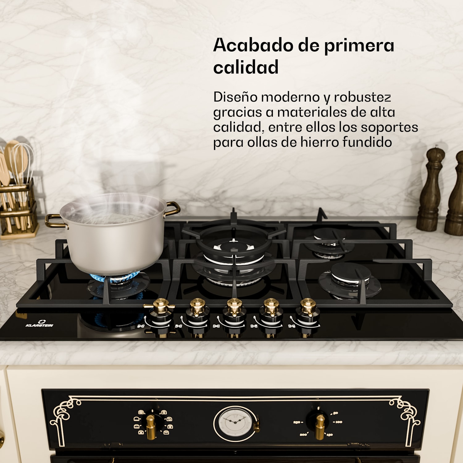 Victoria 5 Placa de gas 5 quemadores Sabaf vitrocerámica aspecto retro  75 cm | Cristal | Negro