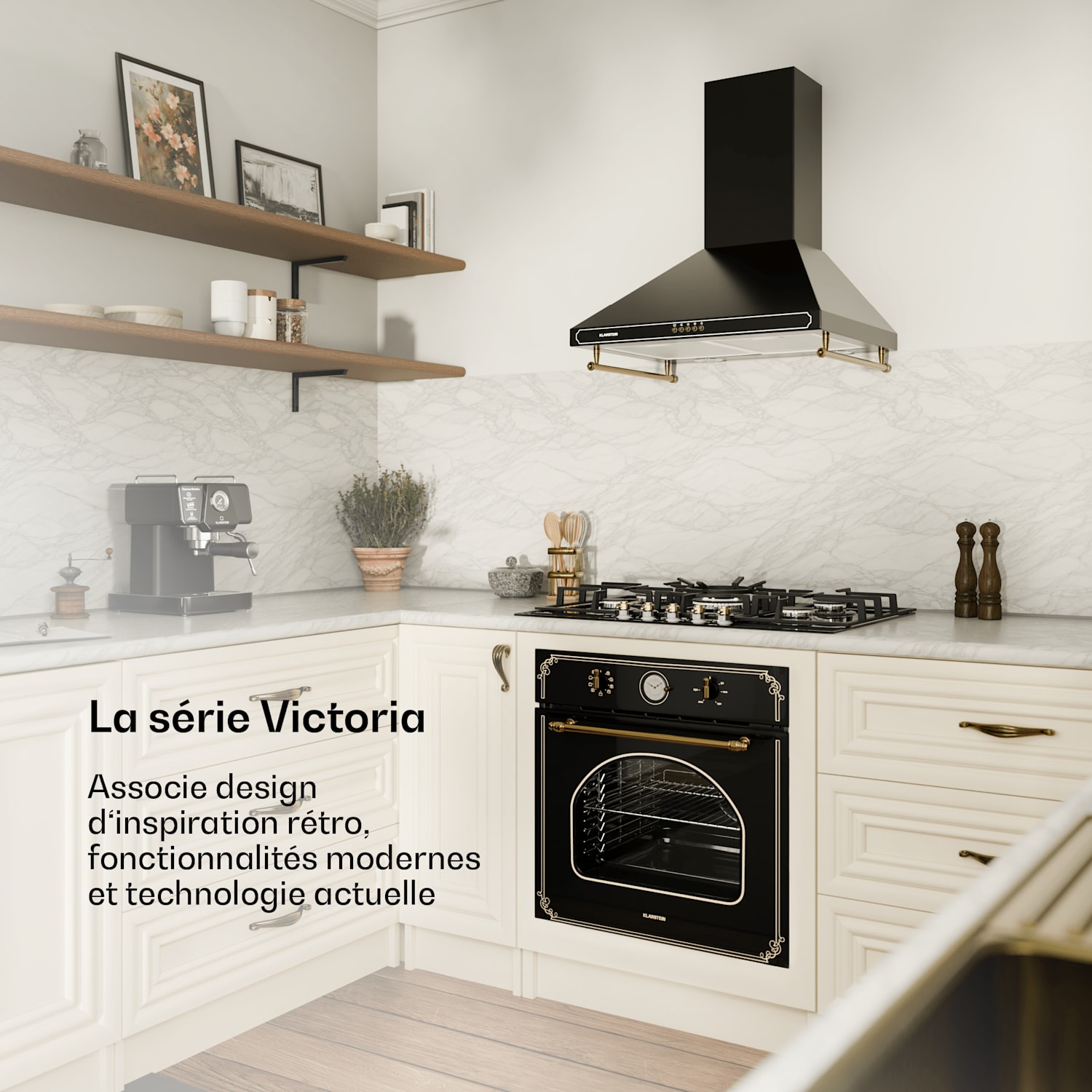 Victoria 5 gaskookplaat 5-pits Sabaf branders glaskeramiek retro-optiek  75 cm | Glas | Zwart