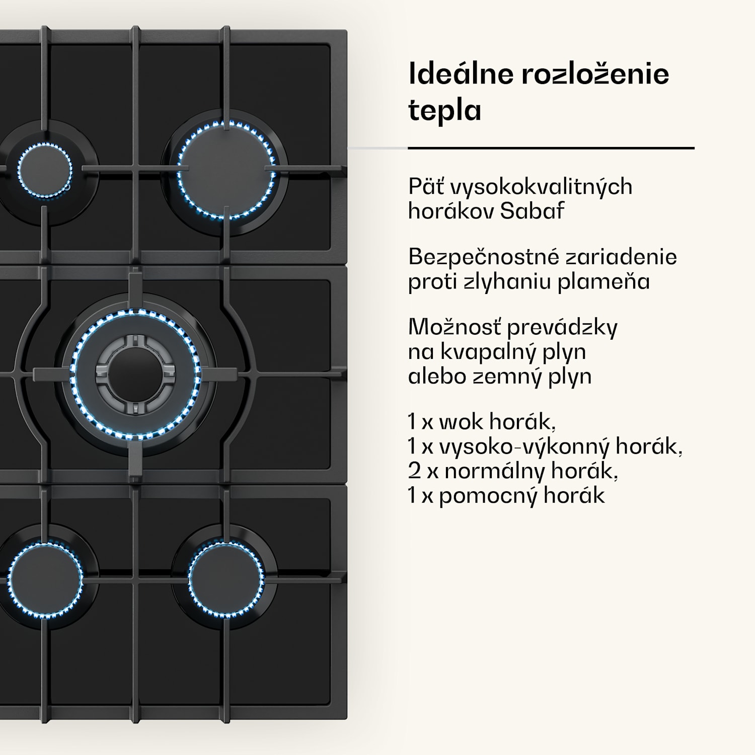 Victoria 5, plynová varná doska, 5 Sabaf horákov, sklokeramika, retro vzhľad 75 cm | Sklo | Čierna