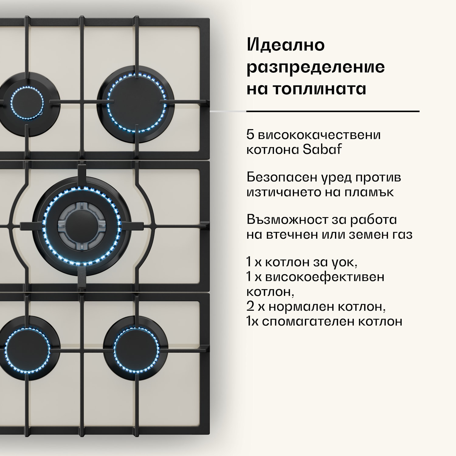 Victoria 5, газов плот 5 горелки, Sabaf котлони, стъклокерамична повърхност, ретро вид 