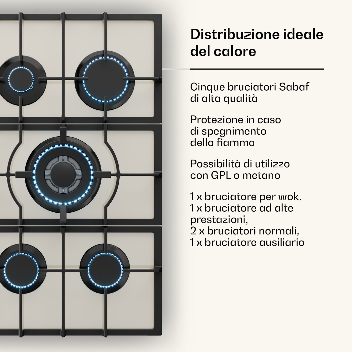 Victoria 5 - Piano cottura a gas, 5 fuochi, bruciatori Sabaf, vetroceramica, look rétro  75 cm | Vetro | Crema