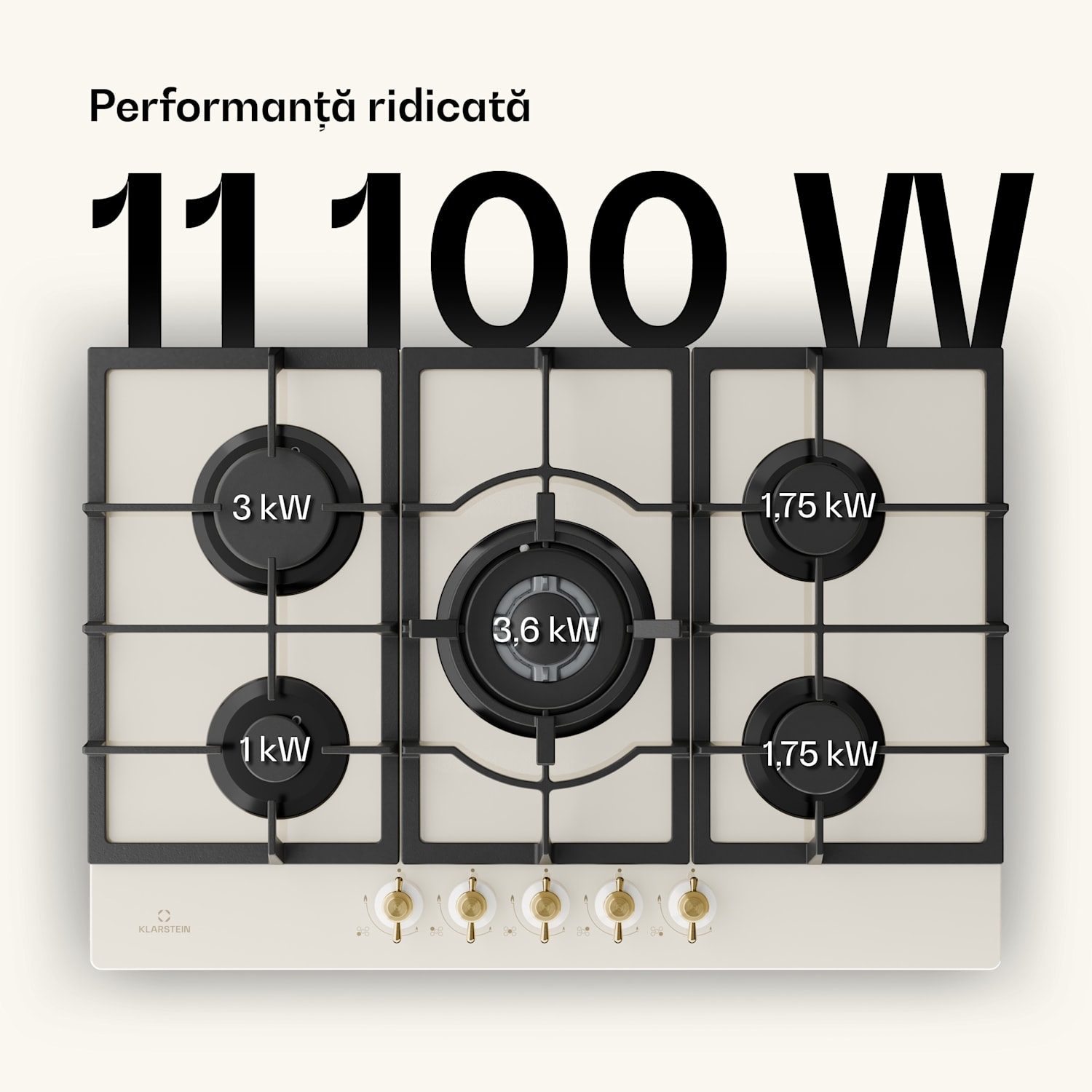 Victoria 5, plită pe gaz, 5 arzătoare, arzătoare Sabaf, suprafață din sticlă ceramică, aspect retro 75 cm | Sticlă | Crem