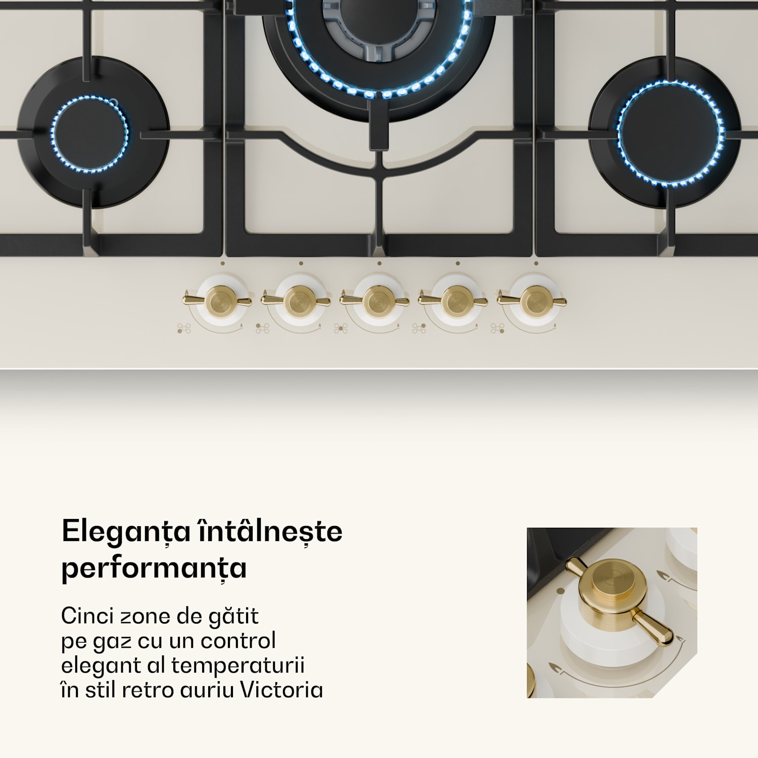 Victoria 5, plită pe gaz, 5 arzătoare, arzătoare Sabaf, suprafață din sticlă ceramică, aspect retro 75 cm | Sticlă | Crem
