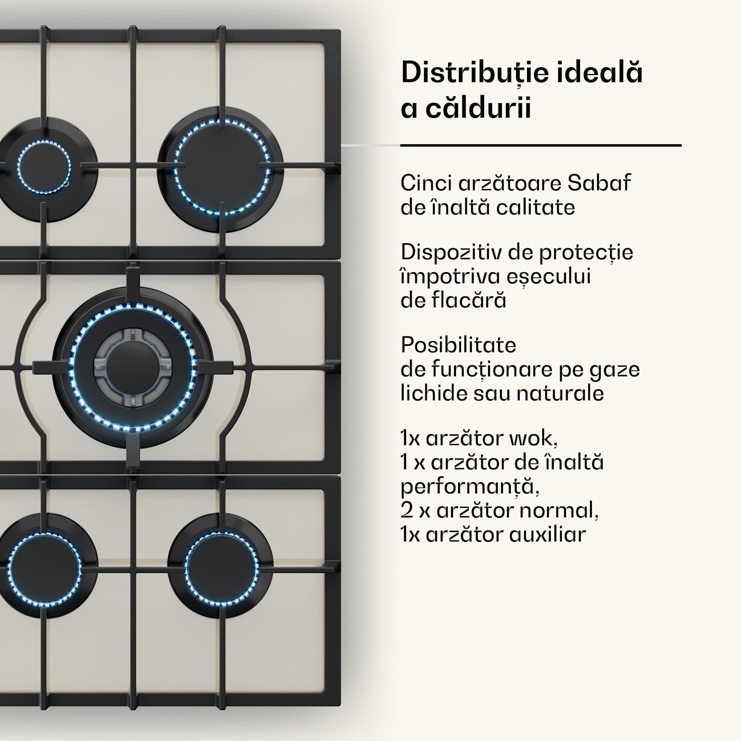 Victoria 5, plită pe gaz, 5 arzătoare, arzătoare Sabaf, suprafață din sticlă ceramică, aspect retro 75 cm | Sticlă | Crem