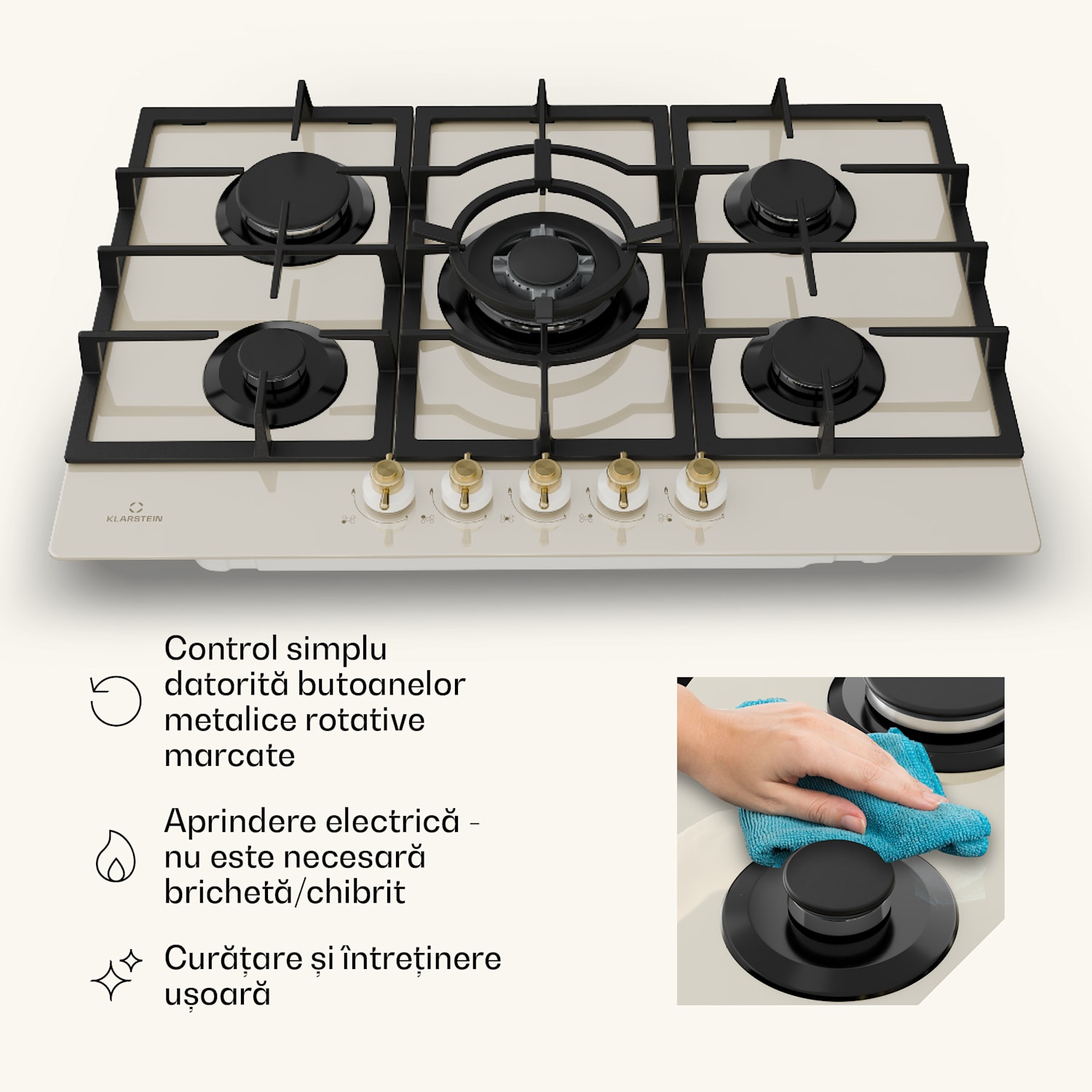 Victoria 5, plită pe gaz, 5 arzătoare, arzătoare Sabaf, suprafață din sticlă ceramică, aspect retro 75 cm | Sticlă | Crem