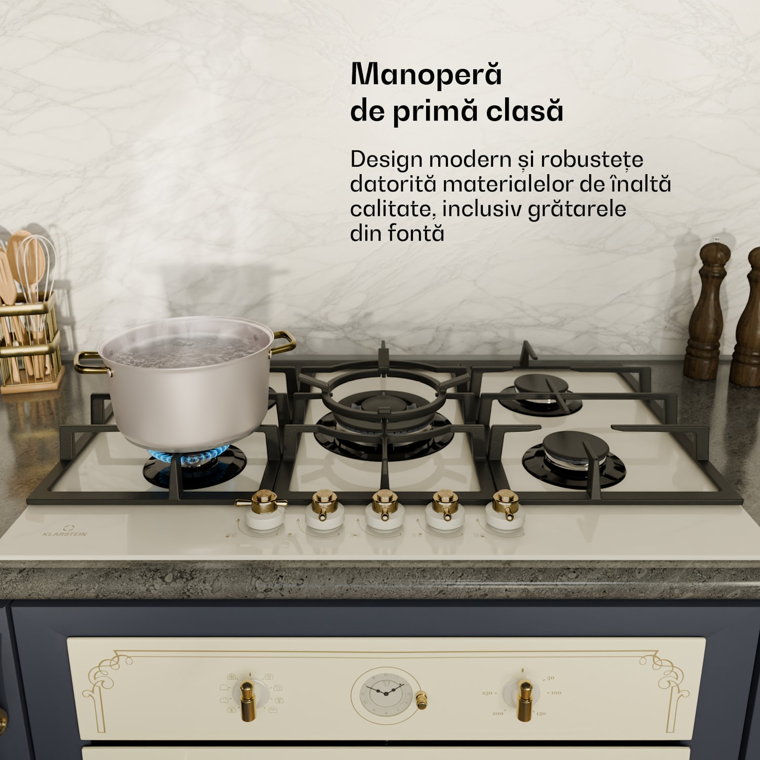 Victoria 5, plită pe gaz, 5 arzătoare, arzătoare Sabaf, suprafață din sticlă ceramică, aspect retro 75 cm | Sticlă | Crem