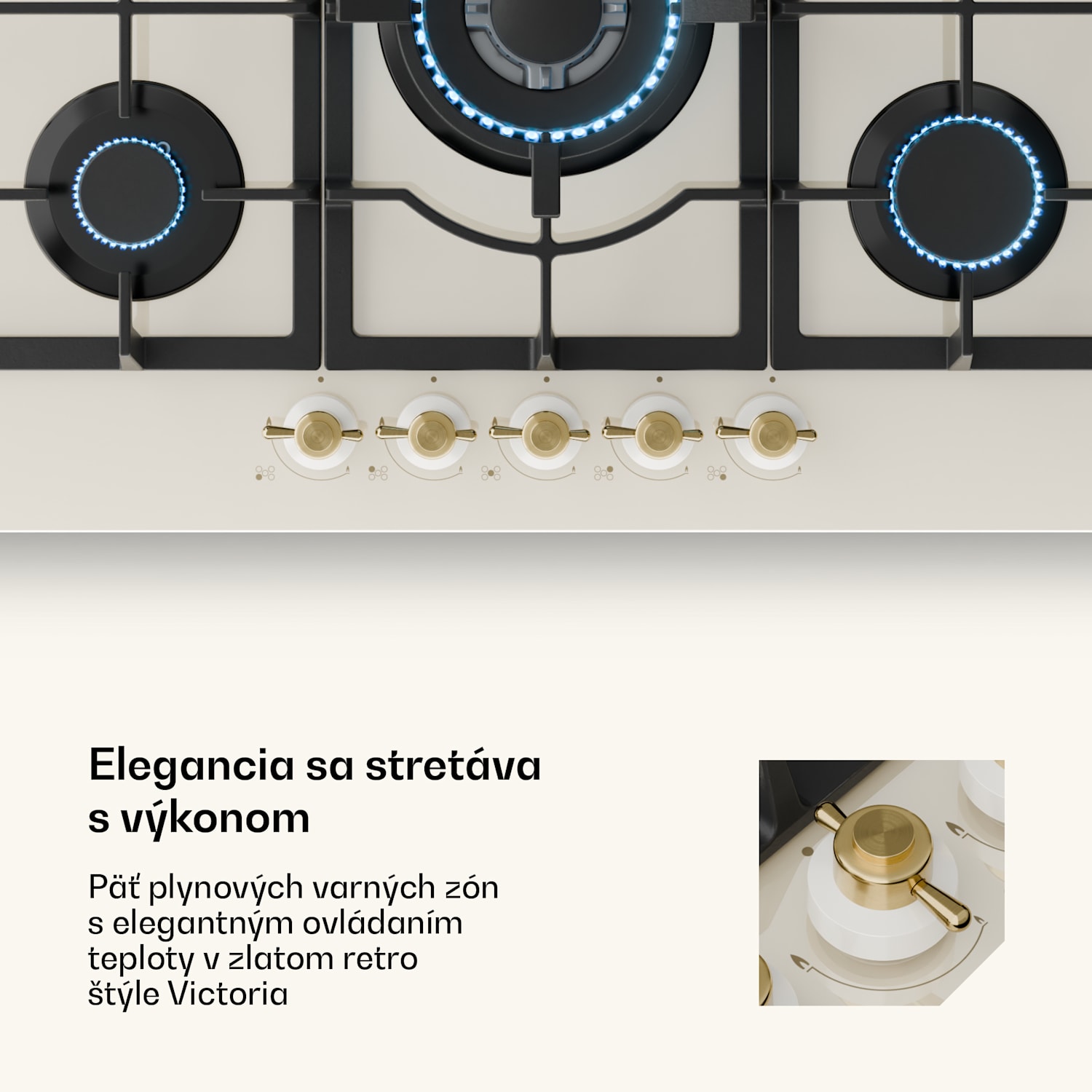 Victoria 5, plynová varná doska, 5 Sabaf horákov, sklokeramika, retro vzhľad 75 cm | Sklo | Krémová