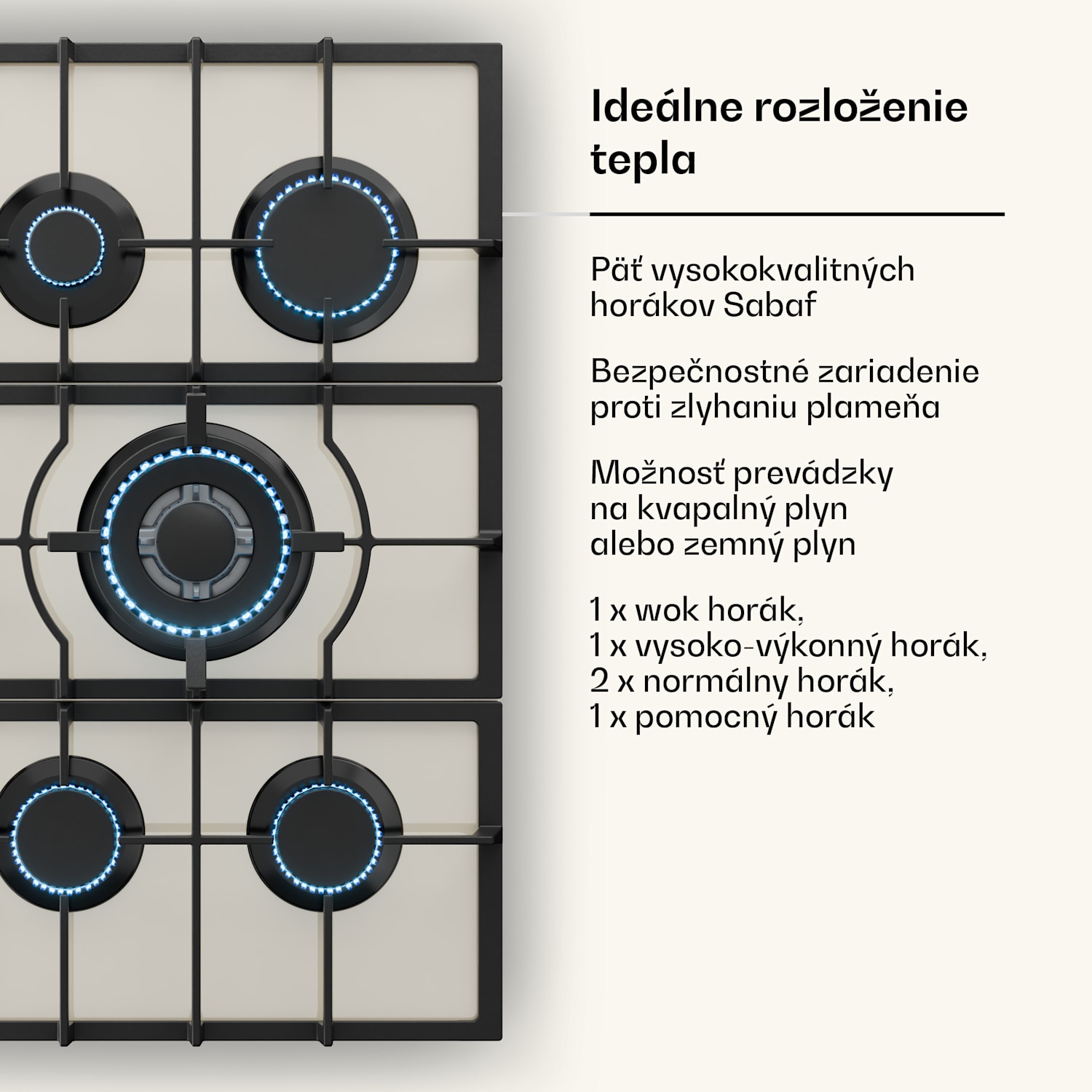 Victoria 5, plynová varná doska, 5 Sabaf horákov, sklokeramika, retro vzhľad 75 cm | Sklo | Krémová