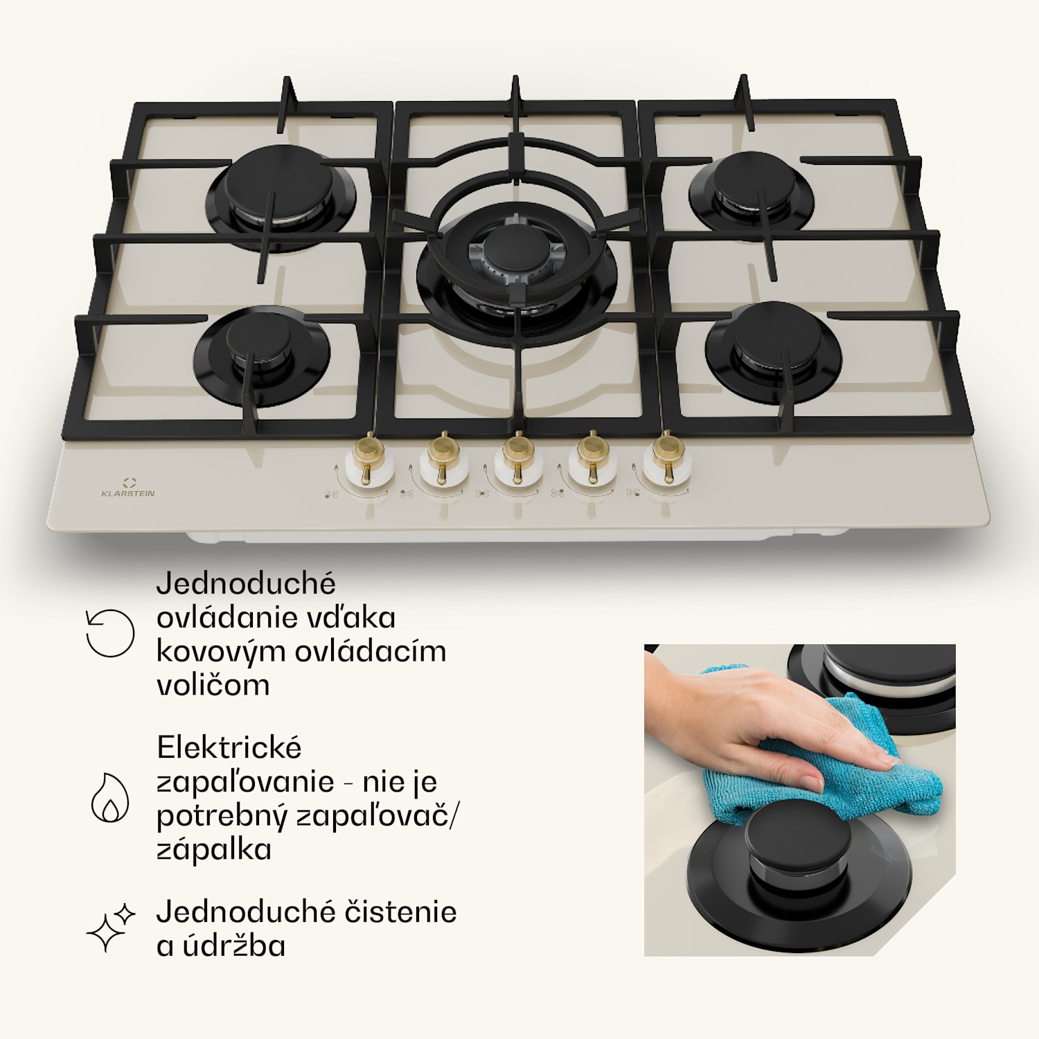 Victoria 5, plynová varná doska, 5 Sabaf horákov, sklokeramika, retro vzhľad 75 cm | Sklo | Krémová