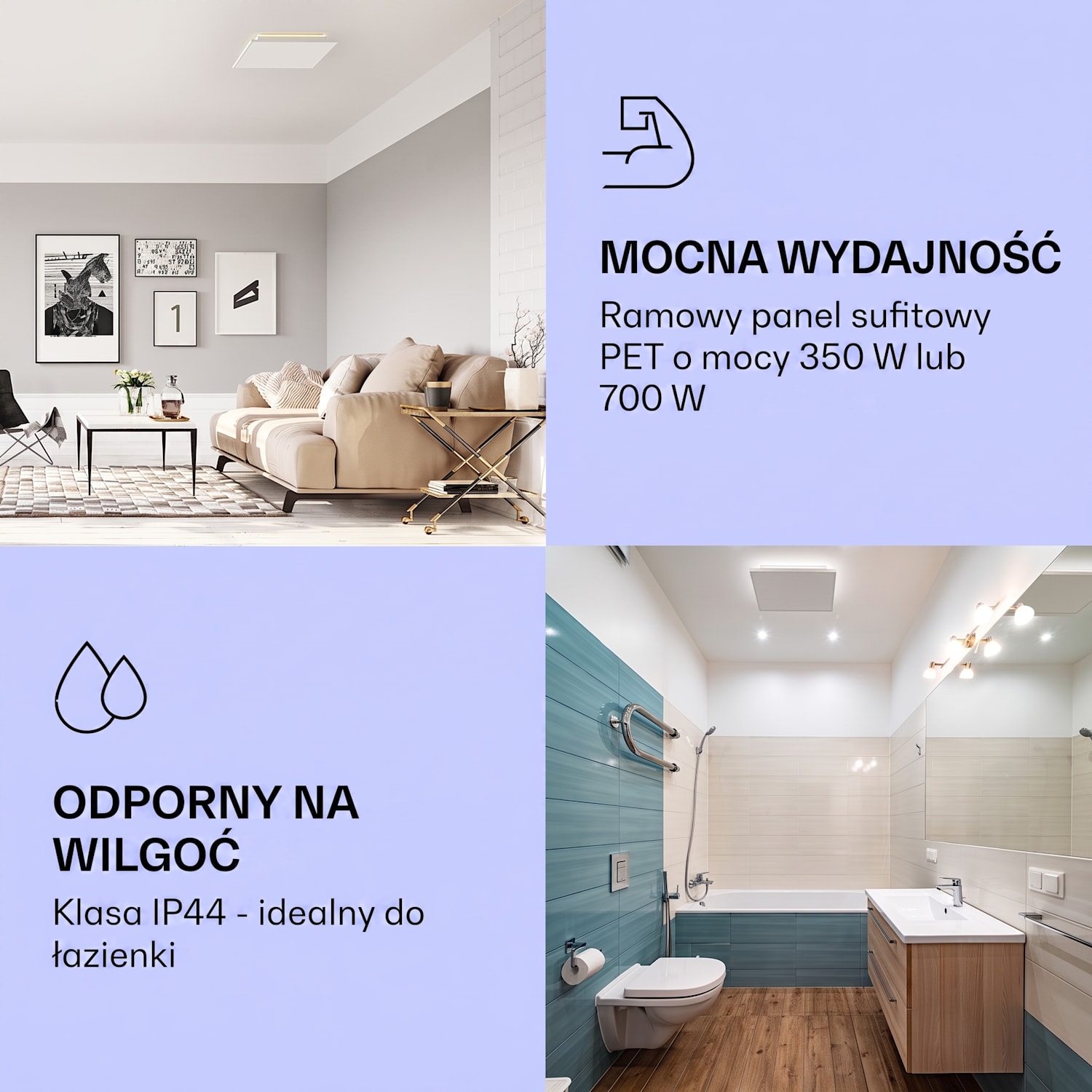 Wondersky, zestaw sufitowych paneli na podczerwień, 2 szt., 350 W, 60 x 6,5 x 60 cm, IP44 350 W | Podwójny panel