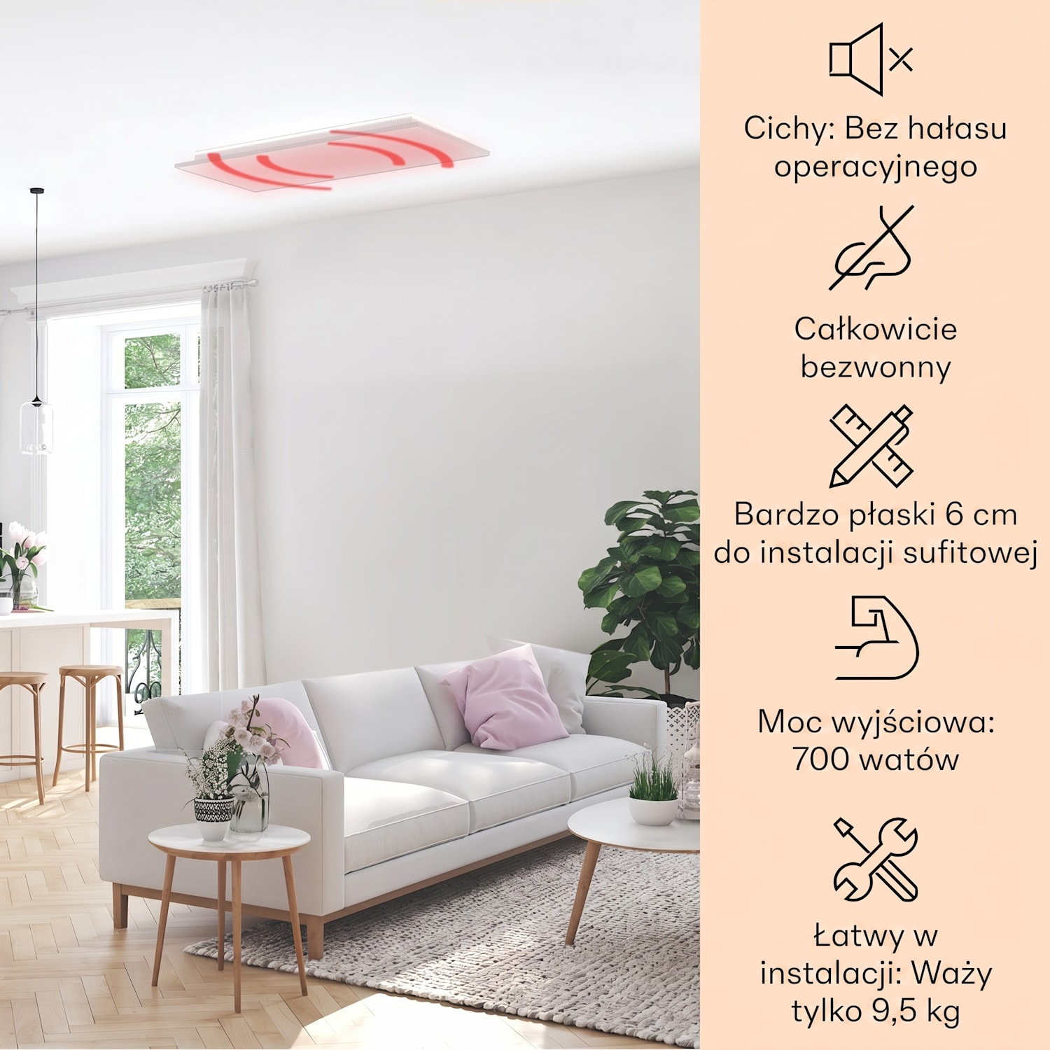Wondersky, sufitowy panel grzewczy na podczerwień, grzejnik, 700 W, 120 x 60 x 6,5 cm, IP44 700 W | Pojedynczy panel