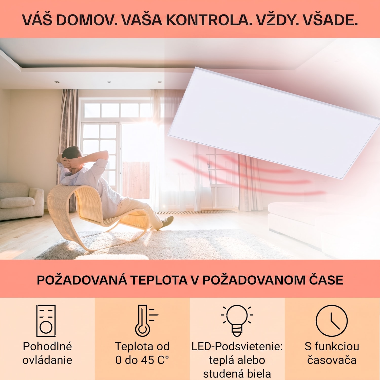Wondersky, infračervený stropný ohrievač, 120 x 60 x 6,5 cm (Š x V x H), 700 W, IP44 700 W | Jeden panel