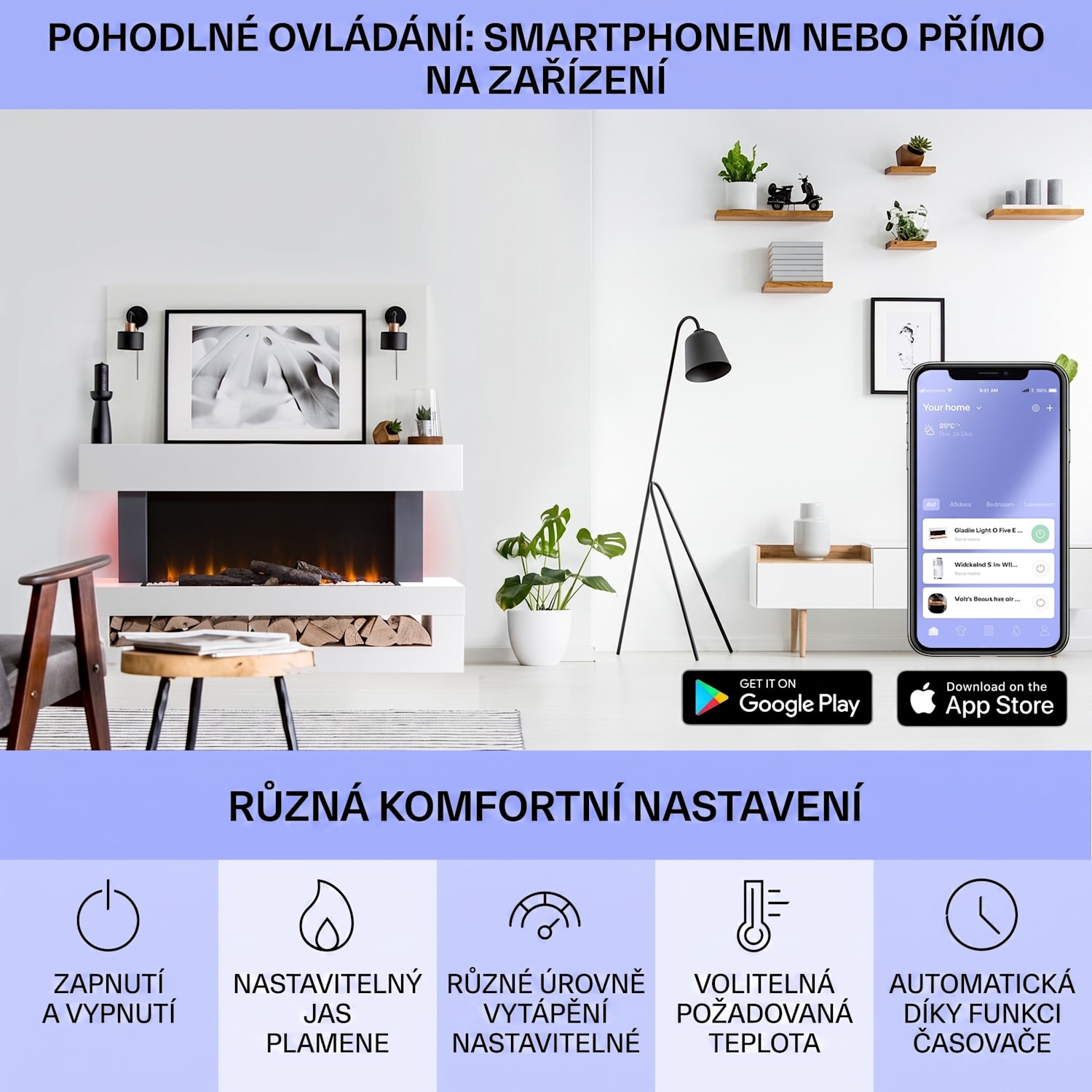 Studio Light & Fire 3 Smart, elektrický krb, 1000/2000 W, MDF, WiFi Control Klasický | Ano | Bílá