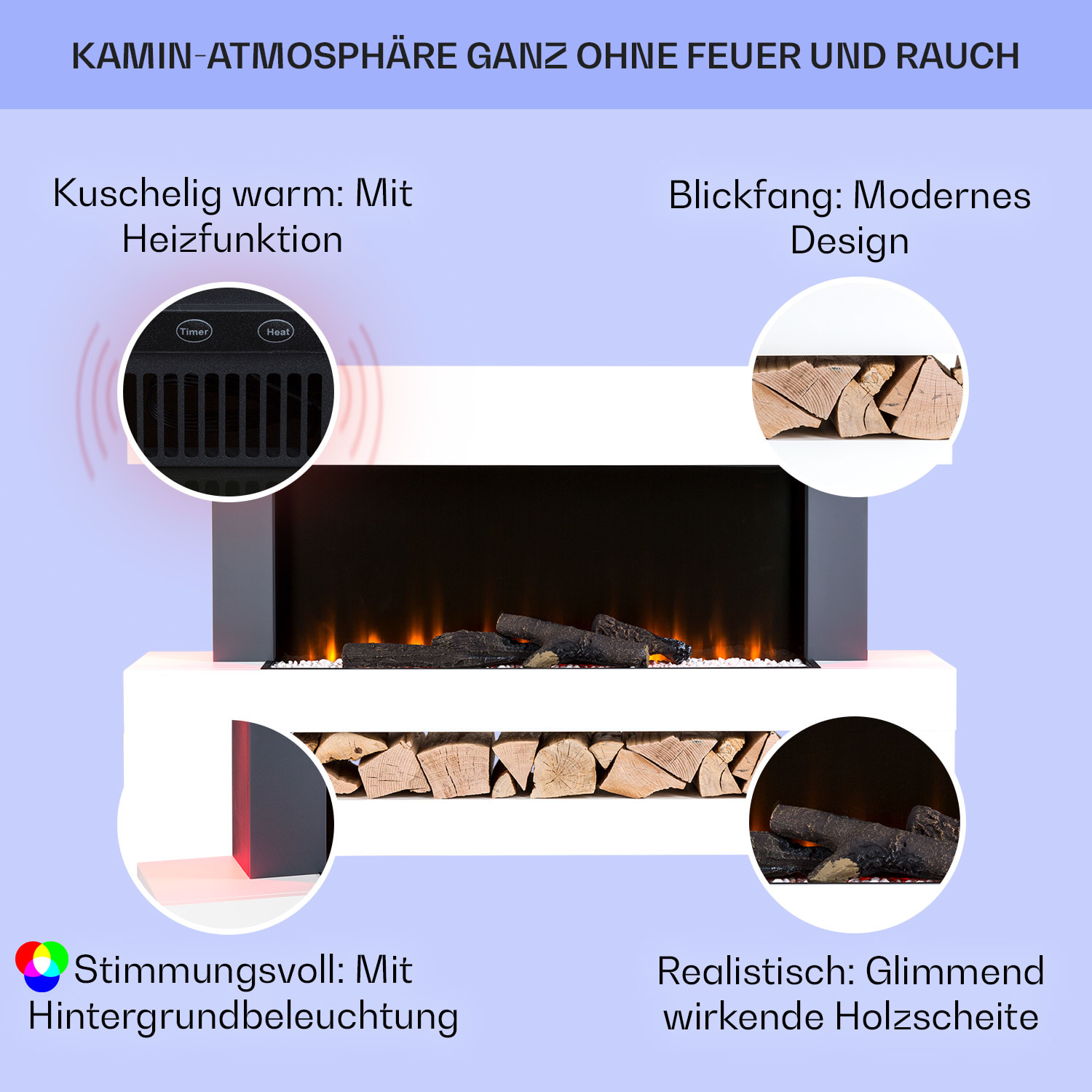 Studio Light & Fire 3 Smart Kamin 1000/2000W MDF WiFi-Steuerung Klassisch | Ja | Weiß