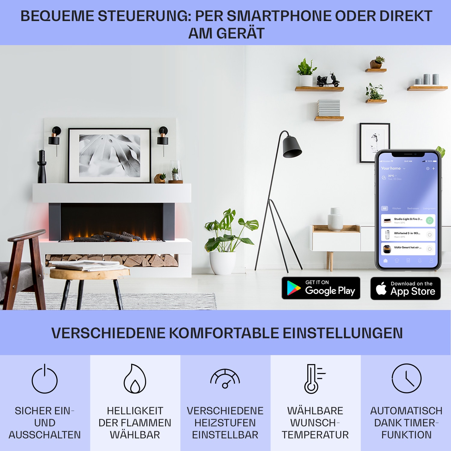 Studio Light & Fire 3 Smart Kamin 1000/2000W MDF WiFi-Steuerung Klassisch | Ja | Weiß