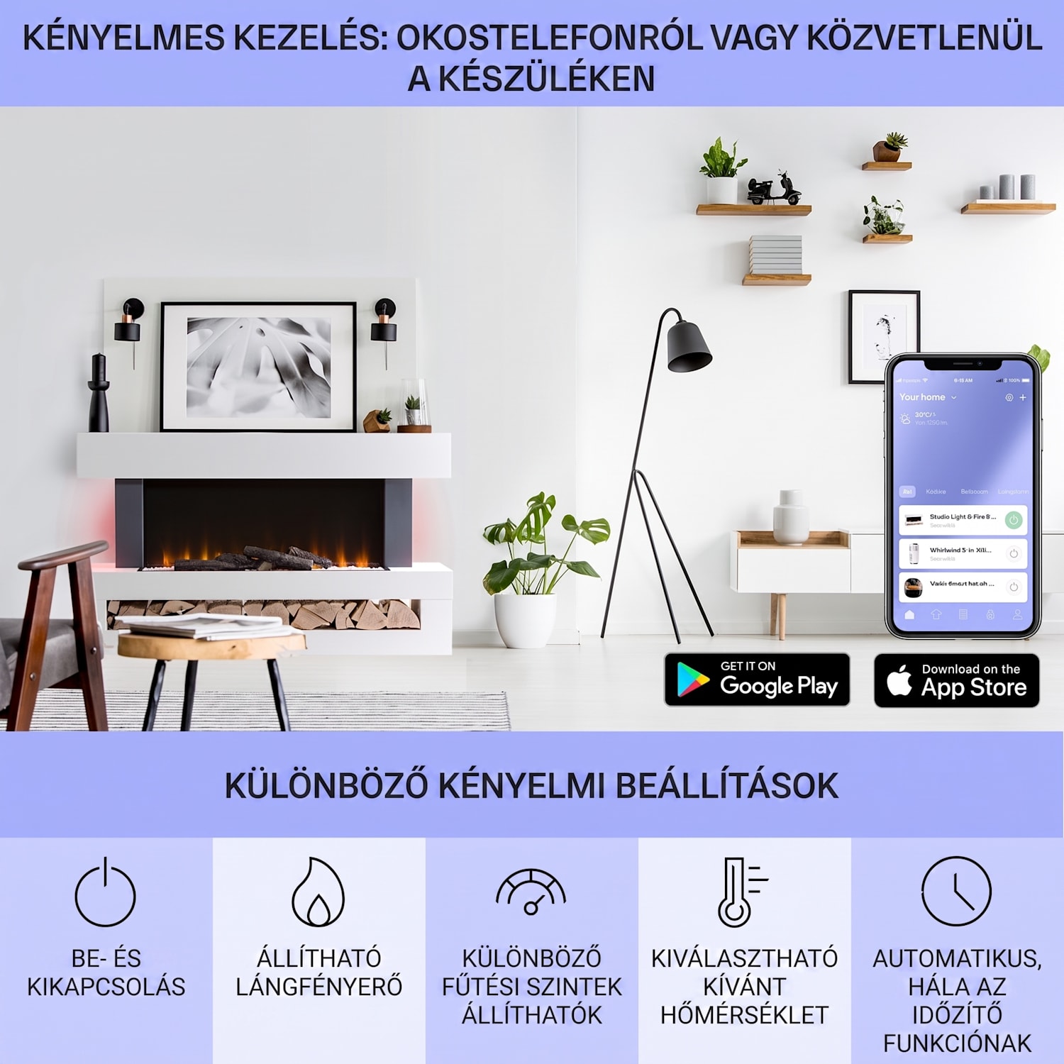Studio Light & Fire 3 Smart, kandalló, 1000/2000 W, MDF, WiFi Control Klasszikus | igen | Fehér