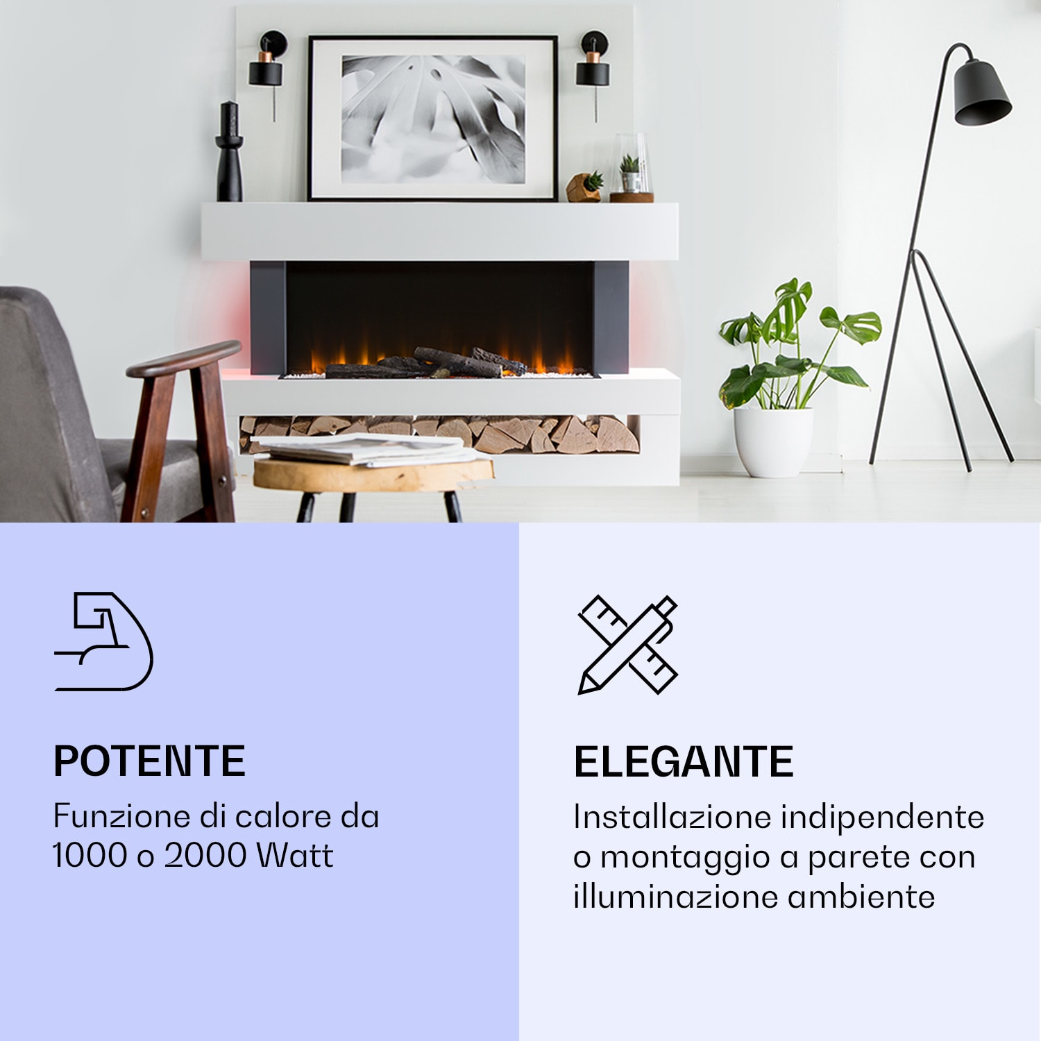 Studio Light & Fire 3 Smart - Camino 1000/2000 W, MDF, controllo tramite WiFi Classico | SÌ | Bianco
