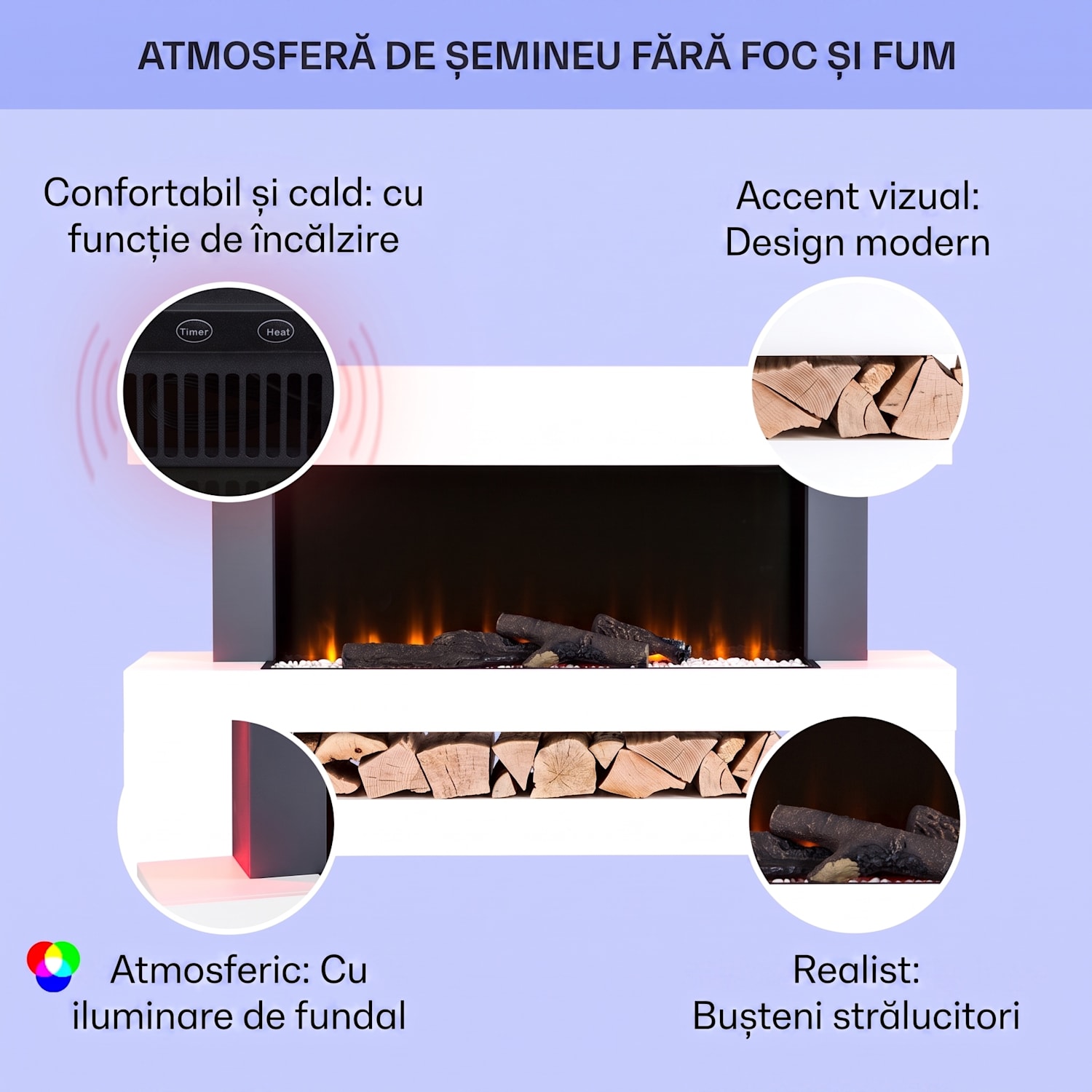 Studio Light & Fire 3 Smart, Șemineu, 1000 / 2000 W, MDF, WiFi Control Clasic | Da | Alb