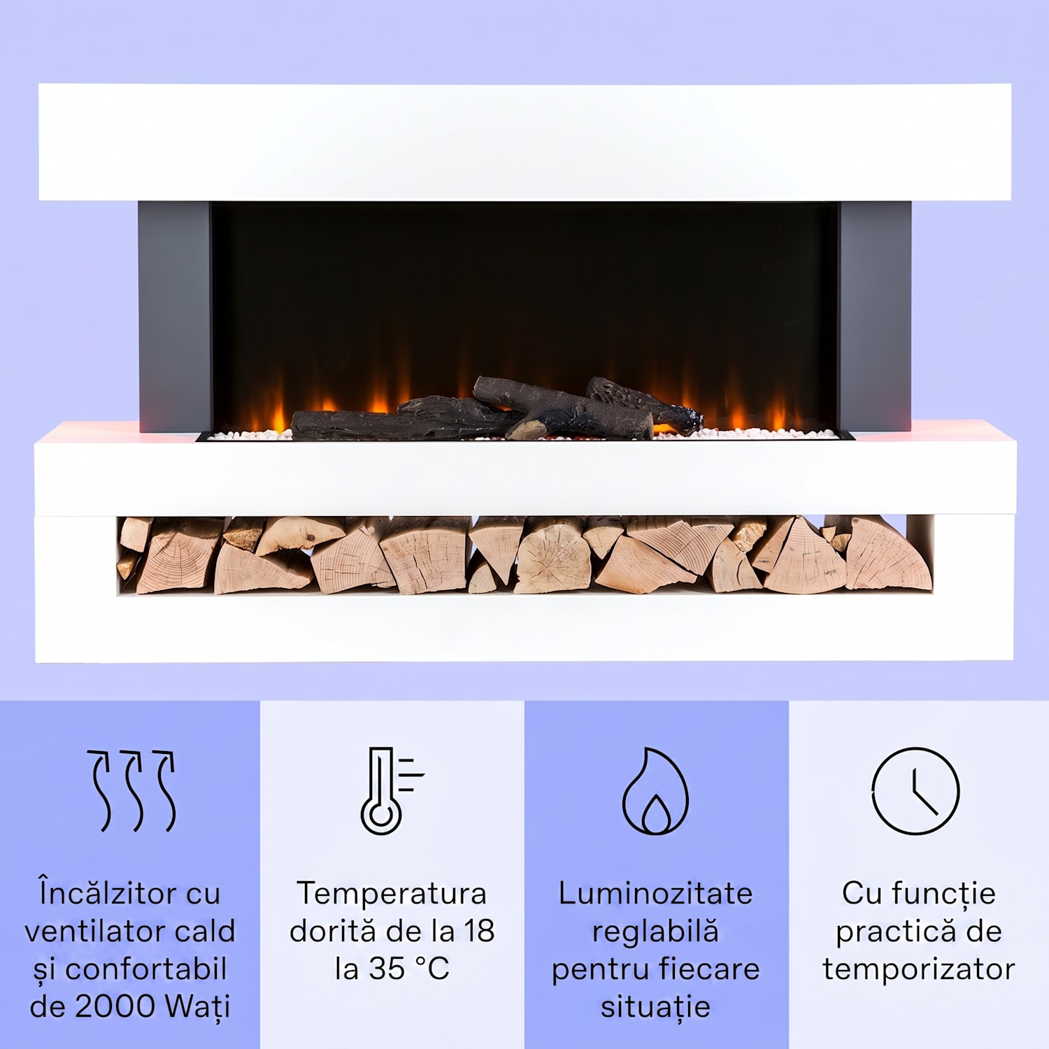 Studio Light & Fire 3 Smart, Șemineu, 1000 / 2000 W, MDF, WiFi Control Clasic | Da | Alb