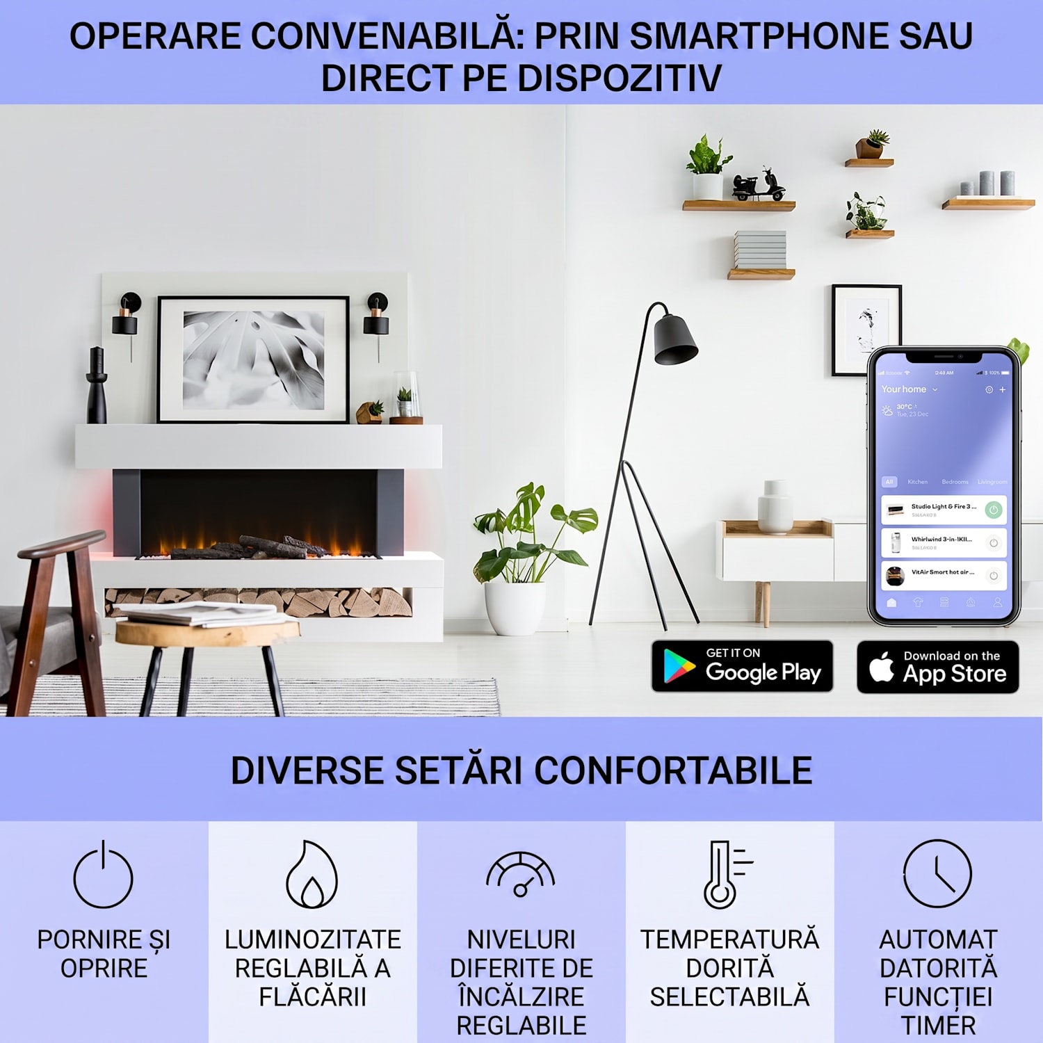 Studio Light & Fire 3 Smart, Șemineu, 1000 / 2000 W, MDF, WiFi Control Clasic | Da | Alb