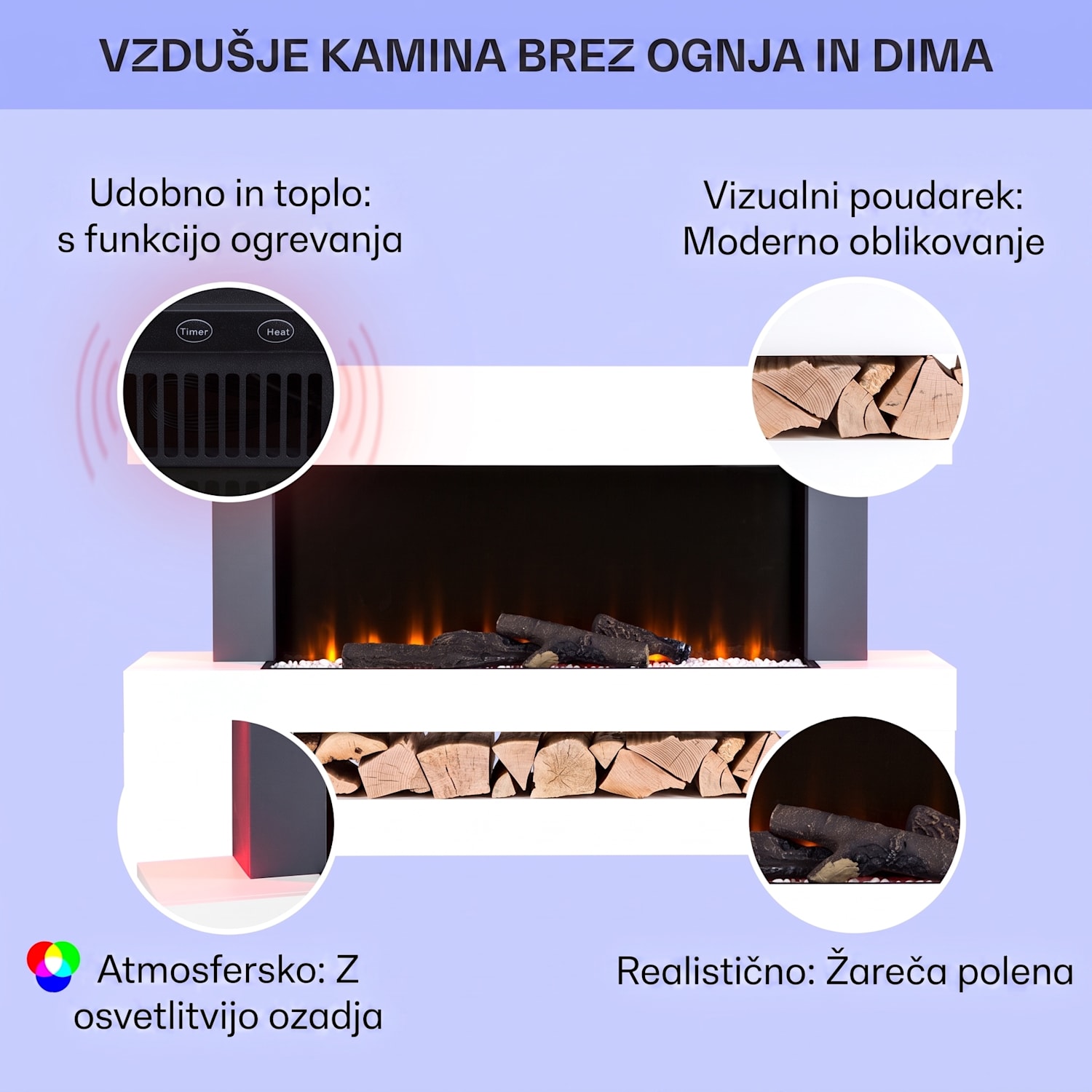 Studio Light & Fire 3 Smart, kamin, 1000/2000W, MDF, WiFi nadzor Klasična | ja | Bela