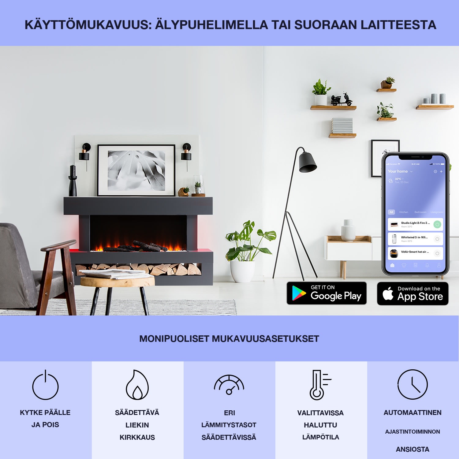 Studio Light & Fire 3 Smart -takka 1000/2000 W MDF WiFi-ohjaus Klassinen | ei | Tummanharmaa
