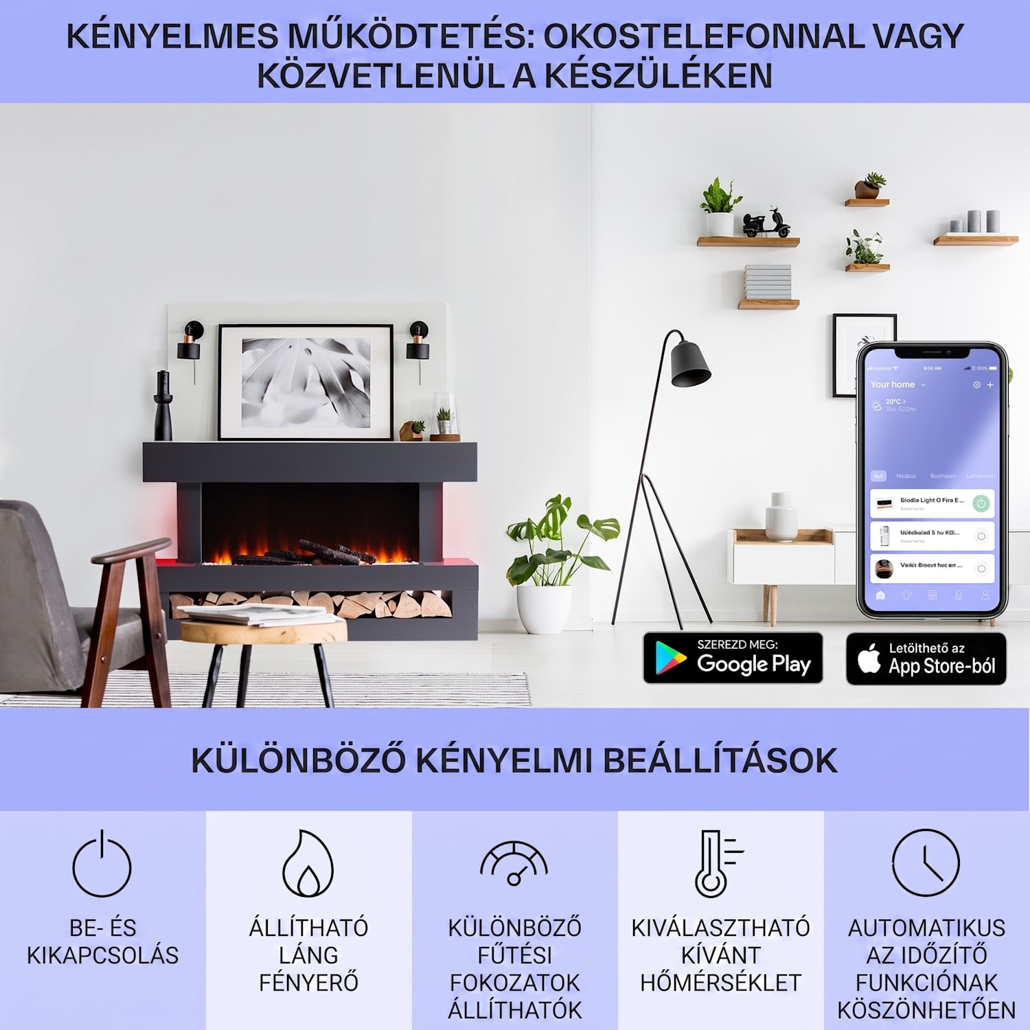 Studio Light & Fire 3 Smart, kandalló, 1000/2000 W, MDF, WiFi Control 