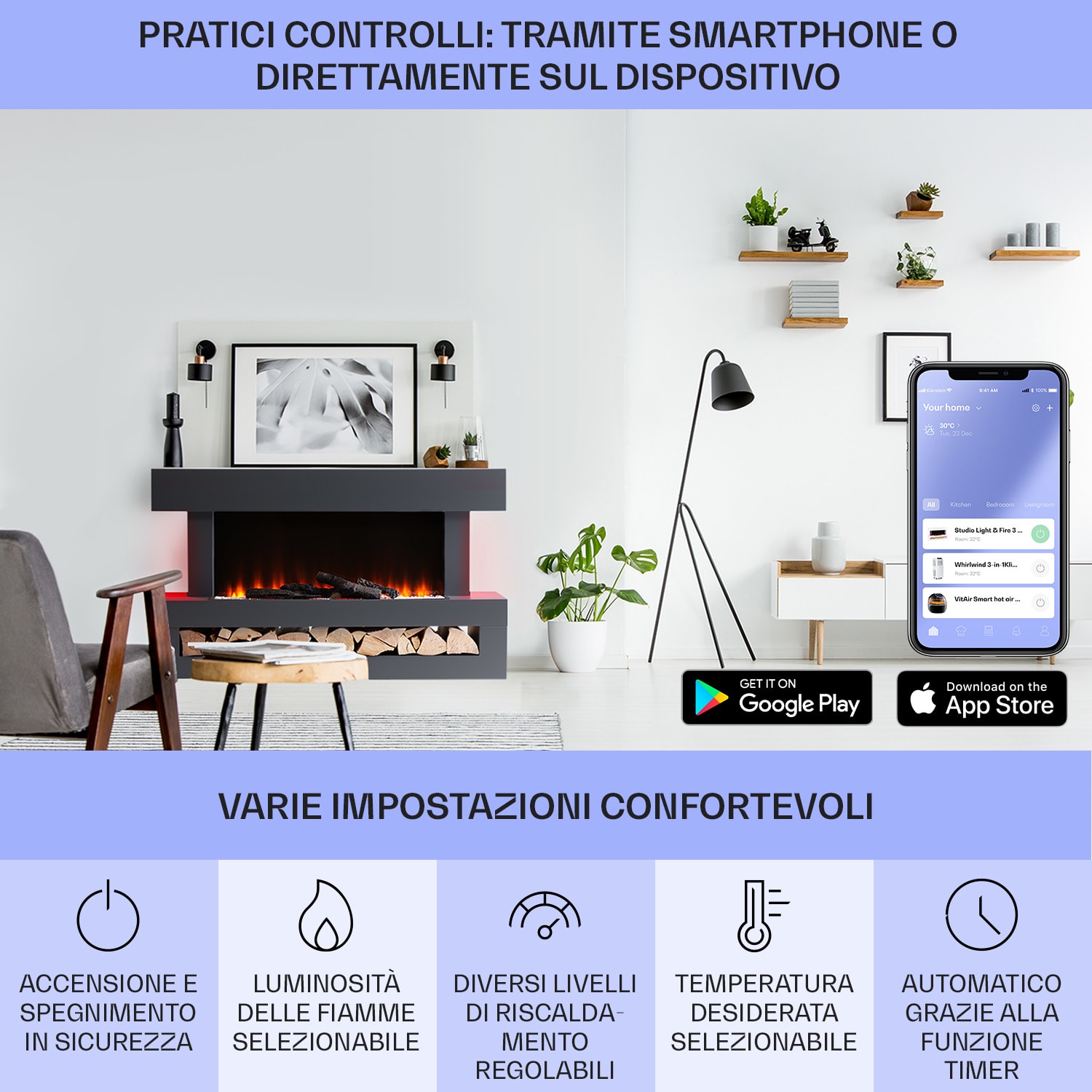 Studio Light & Fire 3 Smart - Camino 1000/2000 W, MDF, controllo tramite WiFi Classico | SÌ | Grigio scuro