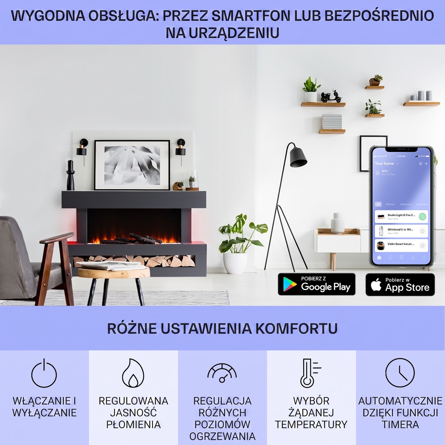 Studio Light & Fire 3 Smart, kominek, 1000/2000 W, MDF, WiFi Control 