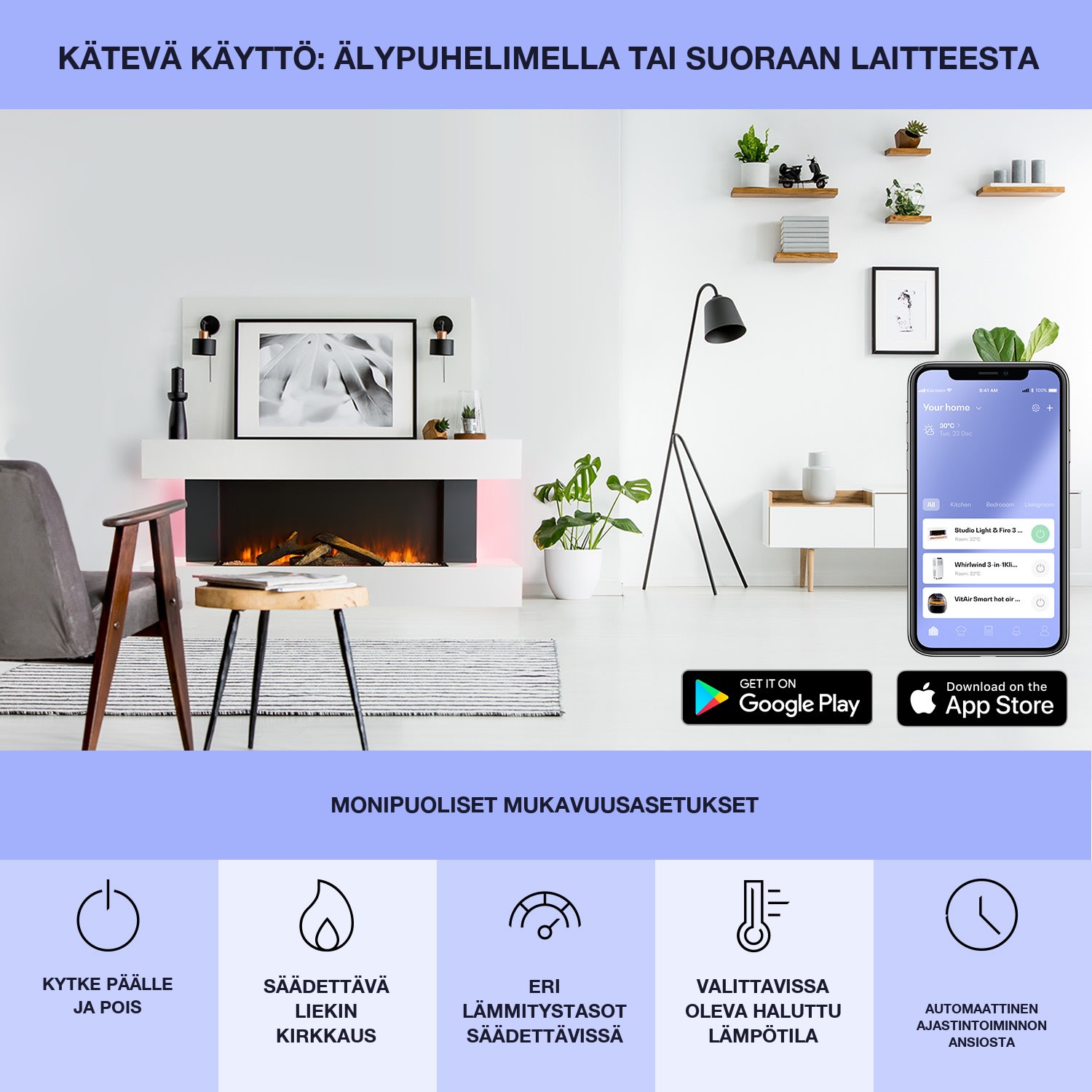 Studio Light & Fire 1 Smart -takka 1000/2000 W MDF WiFi-ohjaus Klassinen | ei | Valkoinen