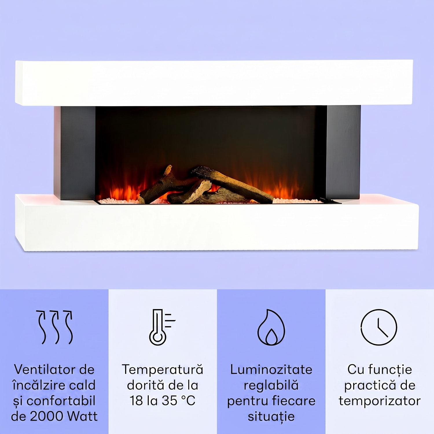Studio Light & Fire 1 Smart, Șemineu, 1000 / 2000 W, MDF, WiFi Control Classique | Non | Alb