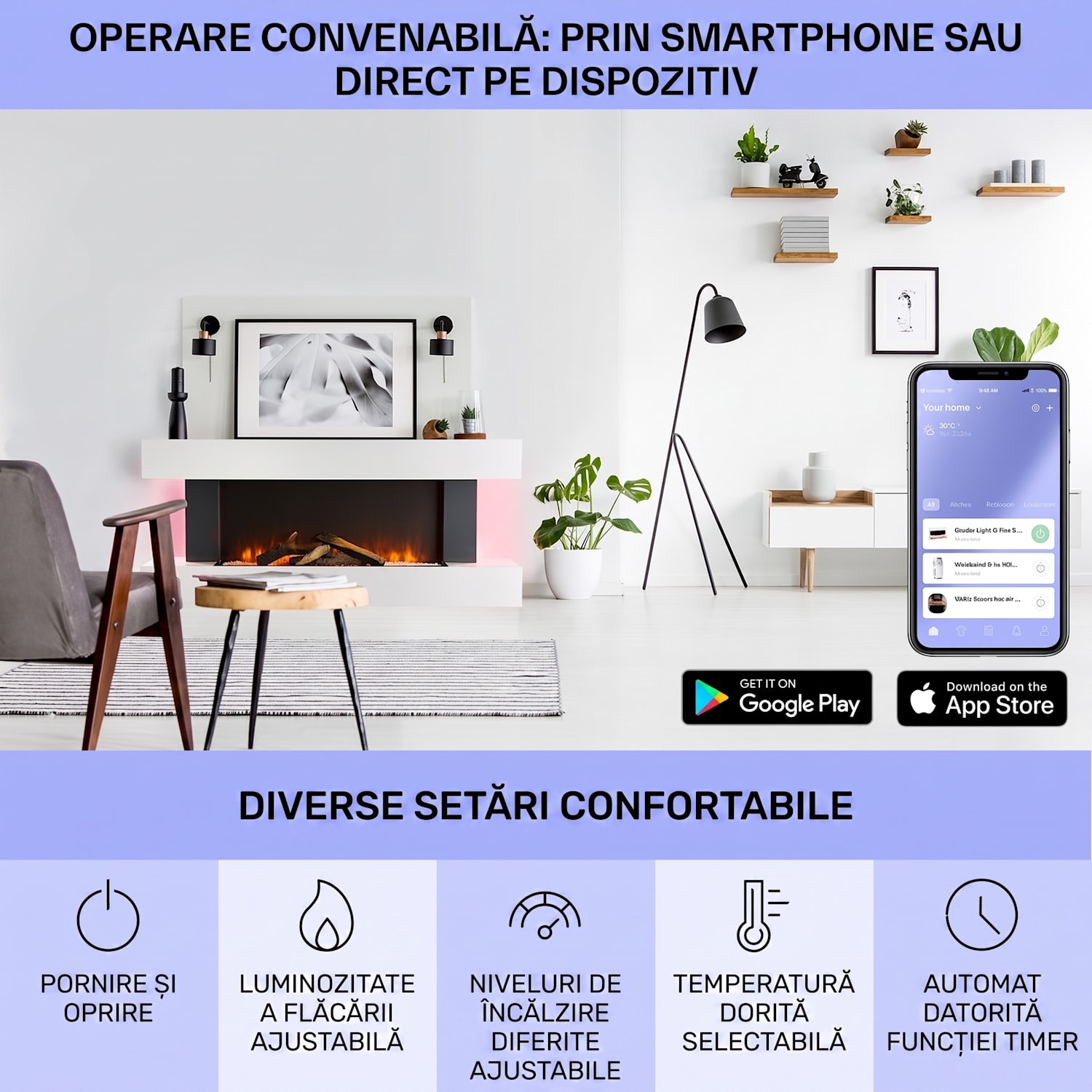Studio Light & Fire 1 Smart, Șemineu, 1000 / 2000 W, MDF, WiFi Control Classique | Non | Alb