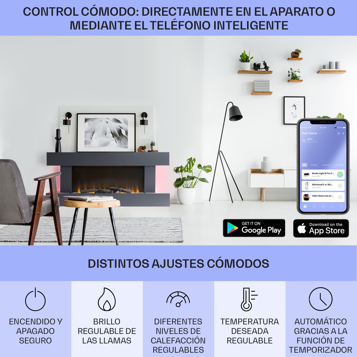 Studio Light & Fire 1 Smart Fireplace 1000/2000W MDF Control WiFi 