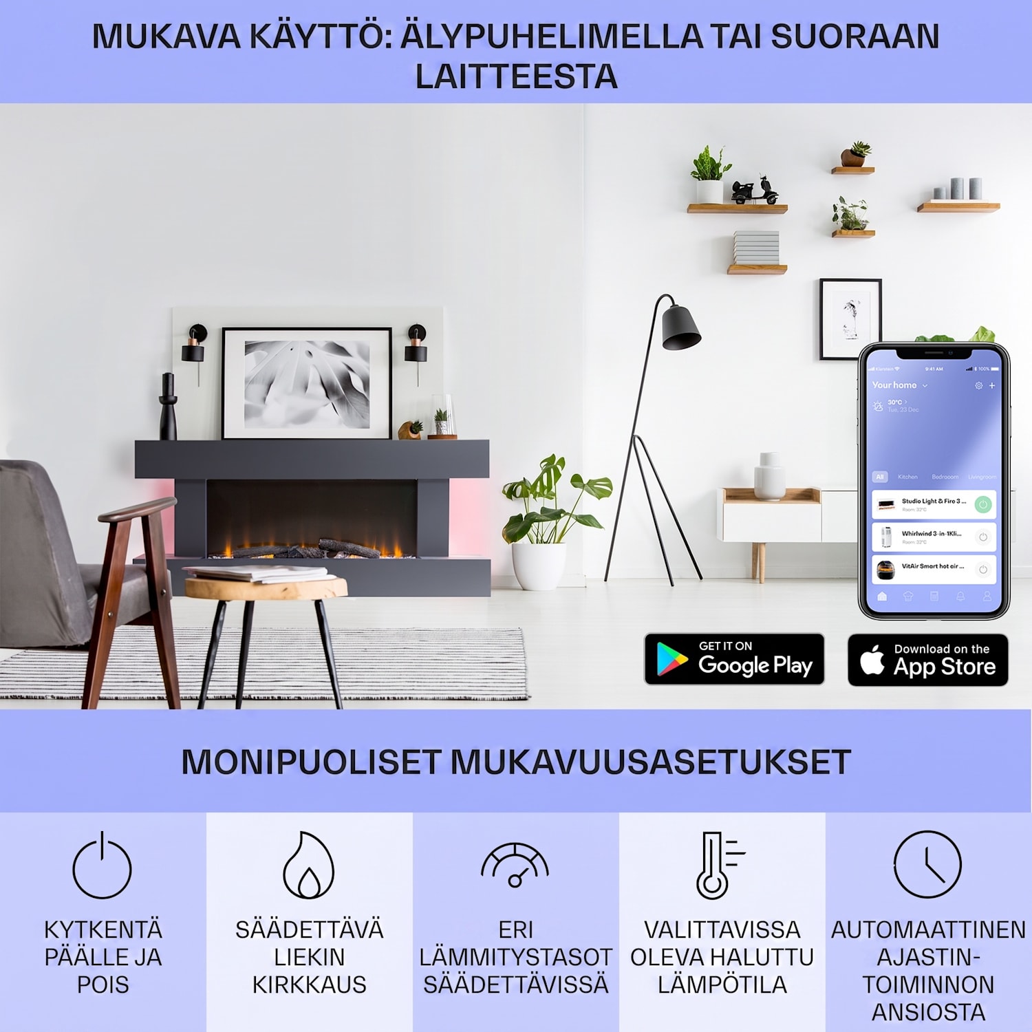 Studio Light & Fire 1 Smart -takka 1000/2000 W MDF WiFi-ohjaus Klassinen | ei | Tummanharmaa