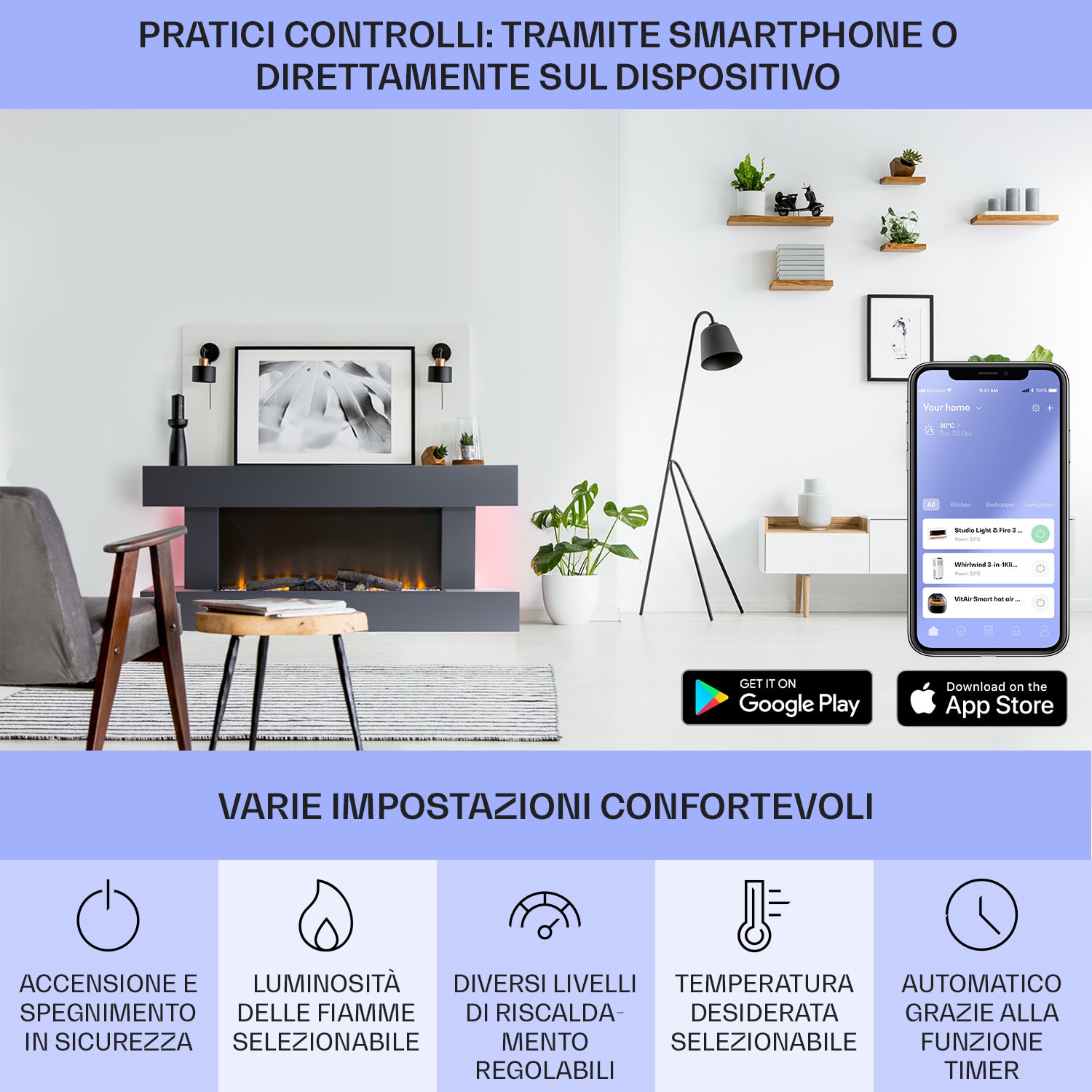 Studio Light & Fire 1 Smart - Camino 1000/2000 W, MDF, controllo tramite WiFi 