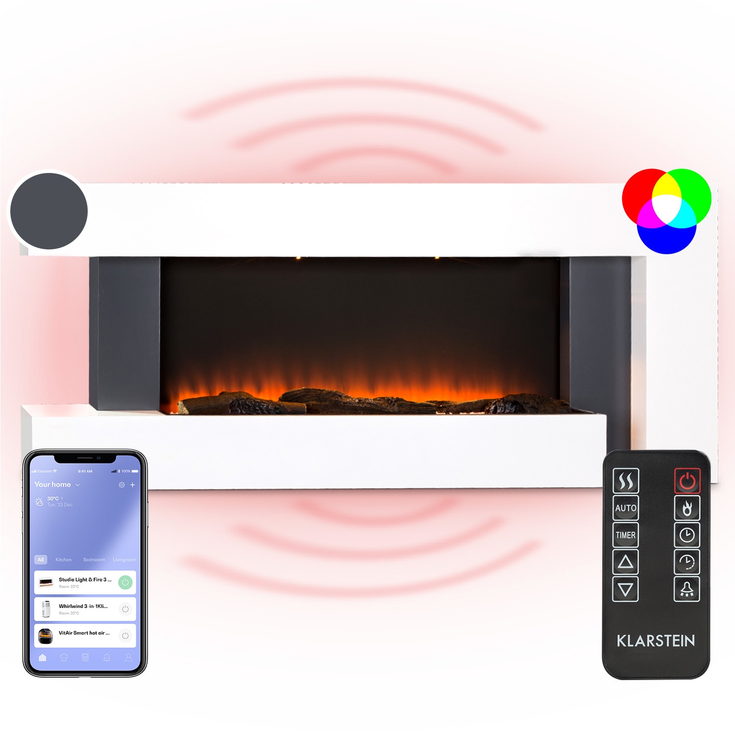 Studio Light & Fire 2 Smart -takka 1000/2000 W MDF WiFi-ohjaus Valkoinen