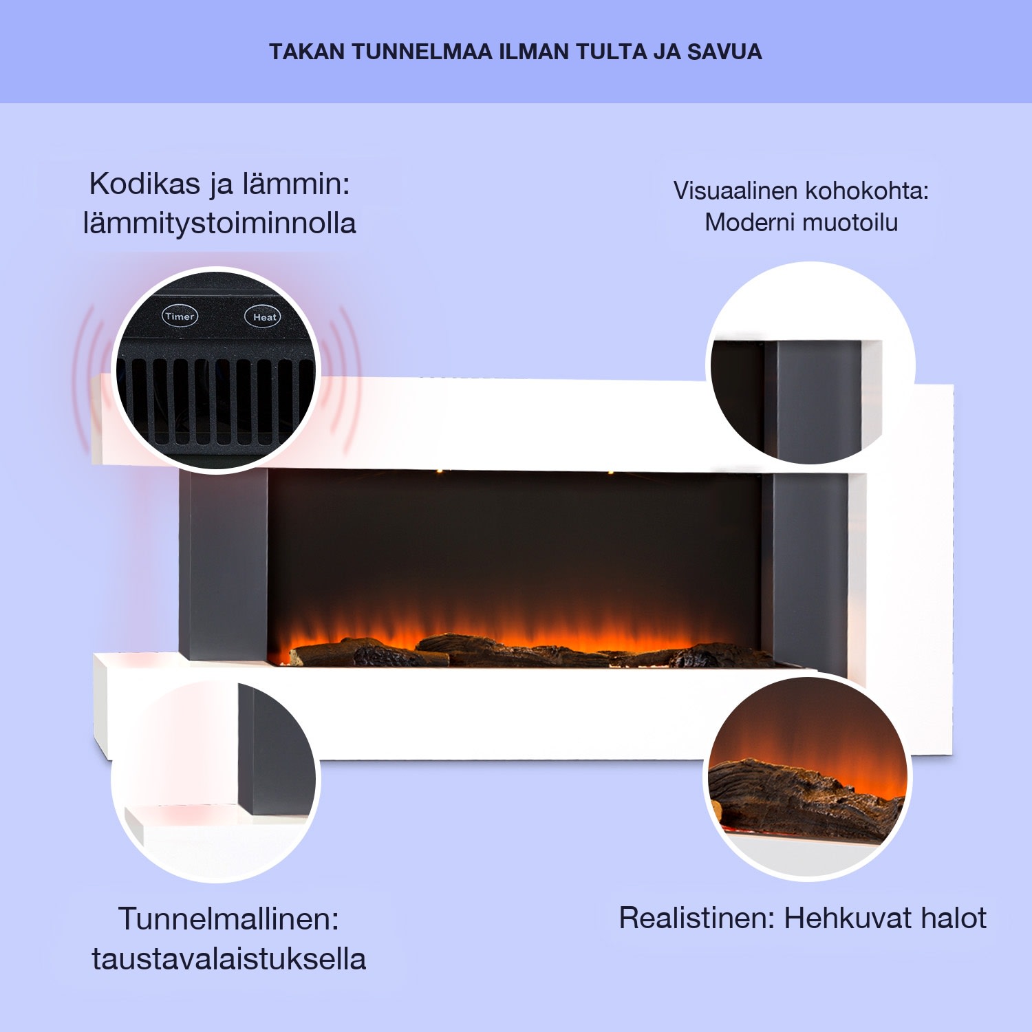 Studio Light & Fire 2 Smart -takka 1000/2000 W MDF WiFi-ohjaus Valkoinen