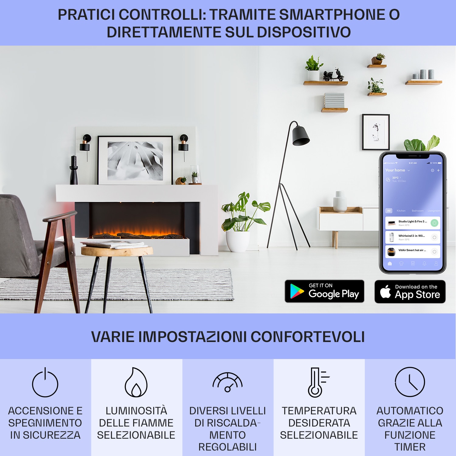 Studio Light & Fire 2 Smart - Camino 1000/2000 W, MDF, controllo tramite WiFi 