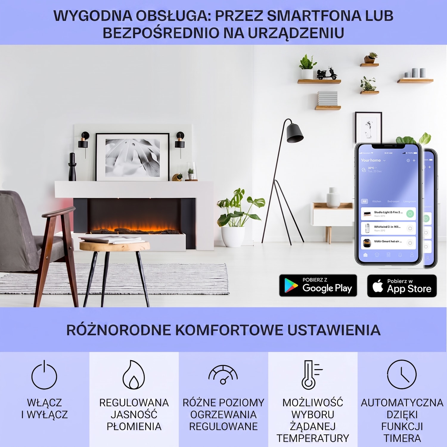 Studio Light & Fire 2 Smart, kominek, 1000/2000 W, MDF, WiFi Control 