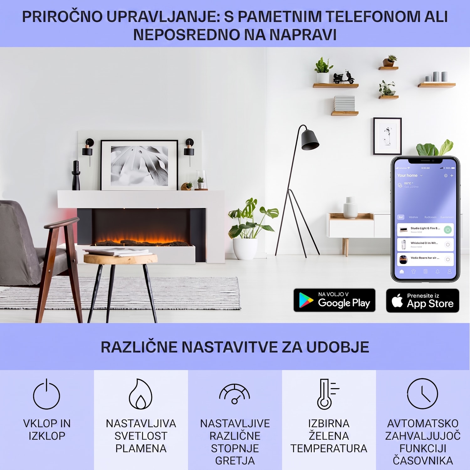 Studio Light & Fire 2 Smart, kamin, 1000/2000W, MDF, WiFi nadzor Bela