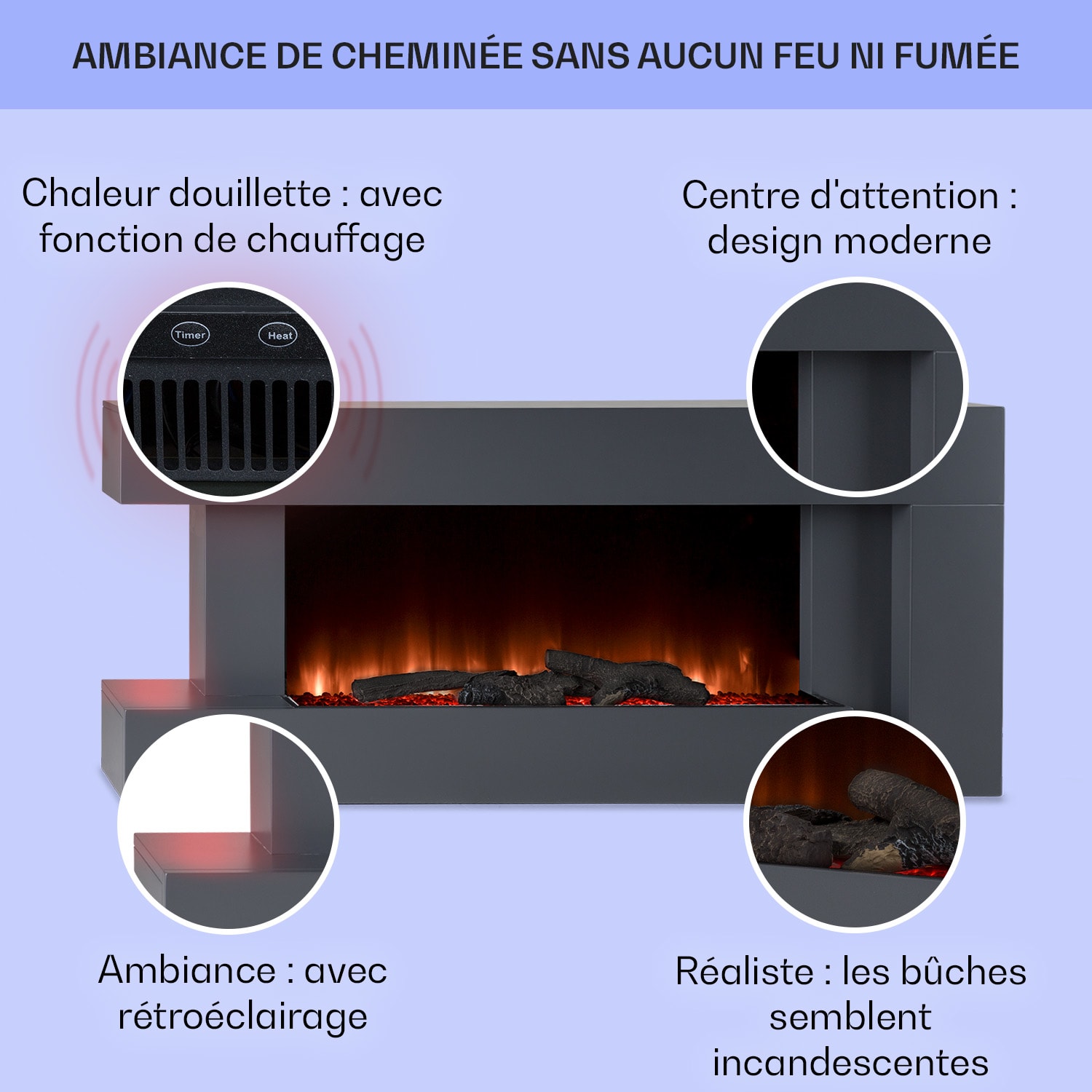 Studio Light & Fire 2 Cheminée smart 1000/2000W MDF Commande WiFi Asymétrique | Non | Gris Foncé