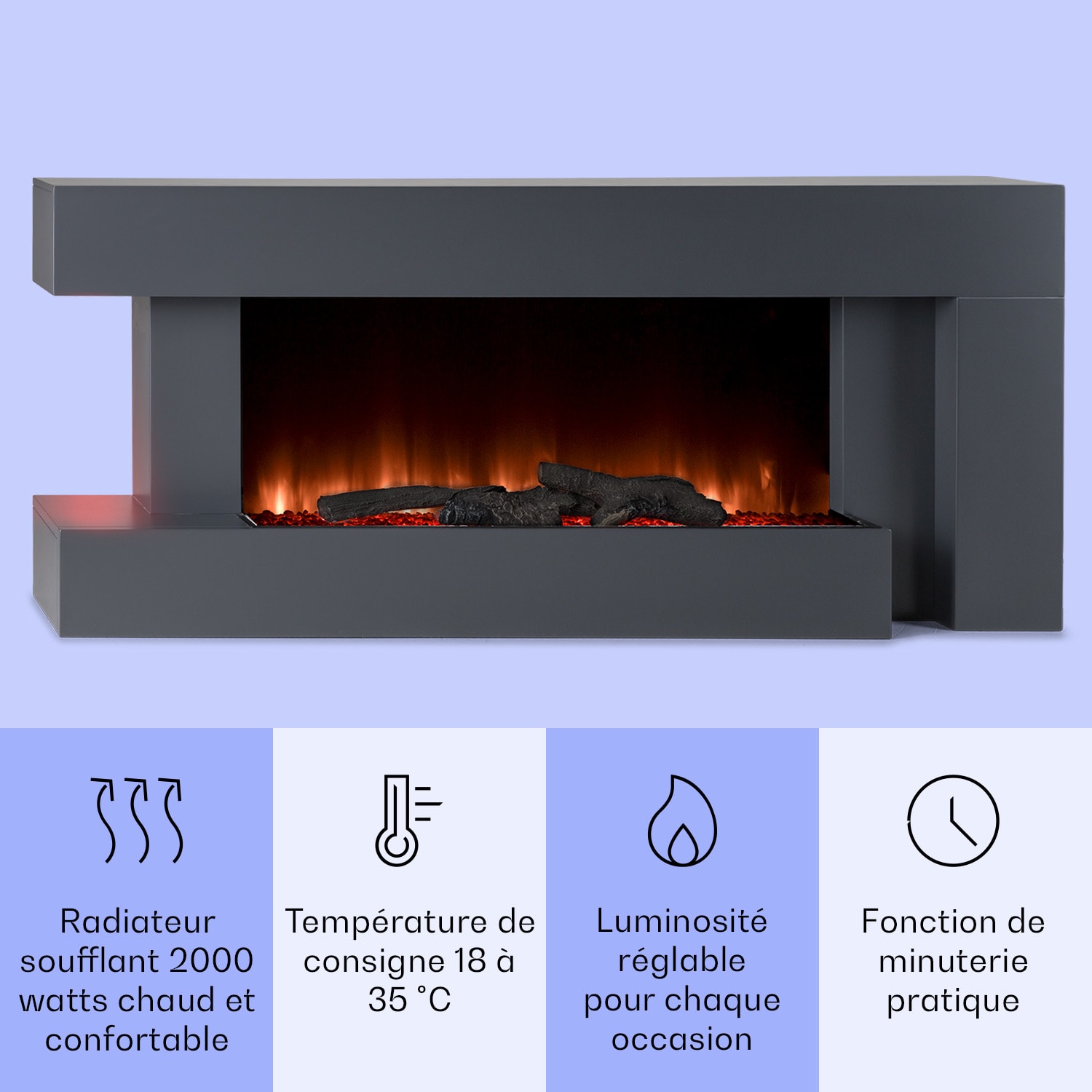 Studio Light & Fire 2 Cheminée smart 1000/2000W MDF Commande WiFi Asymétrique | Non | Gris Foncé