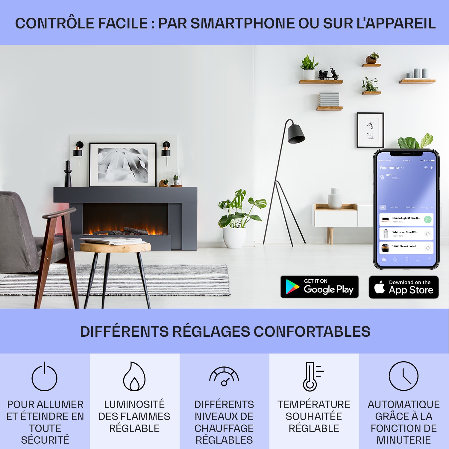 Studio Light & Fire 2 Cheminée smart 1000/2000W MDF Commande WiFi Asymétrique | Non | Gris Foncé