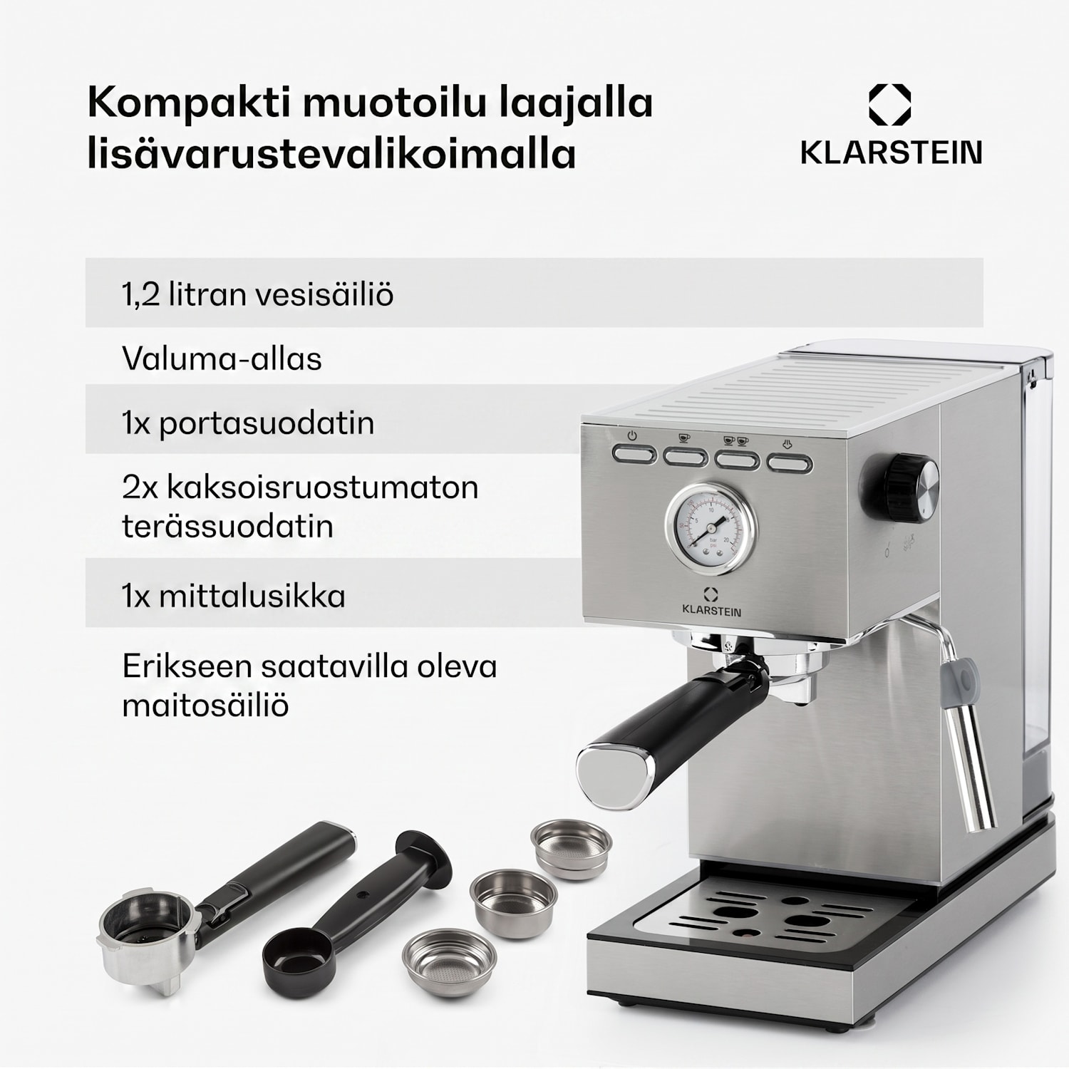 Pausa-espressokeitin 1350 W 20 baarin paine vesisäiliö: 1,4 litraa ruostumaton teräs Hopea Metallinen